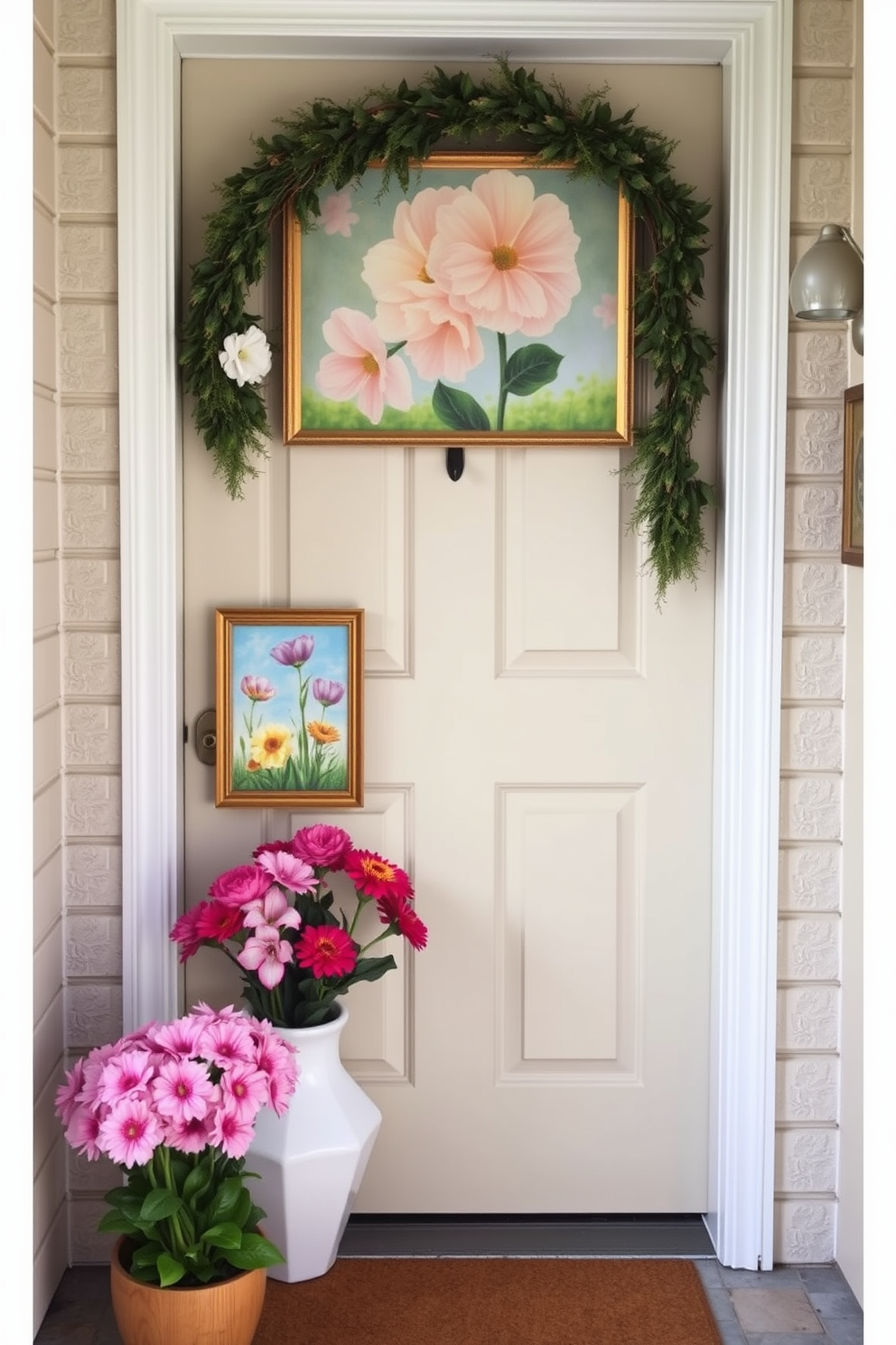 A charming front door adorned with seasonal art that captures the essence of spring. The door is painted a soft pastel color, and vibrant framed artwork featuring blooming flowers and cheerful landscapes is displayed prominently.