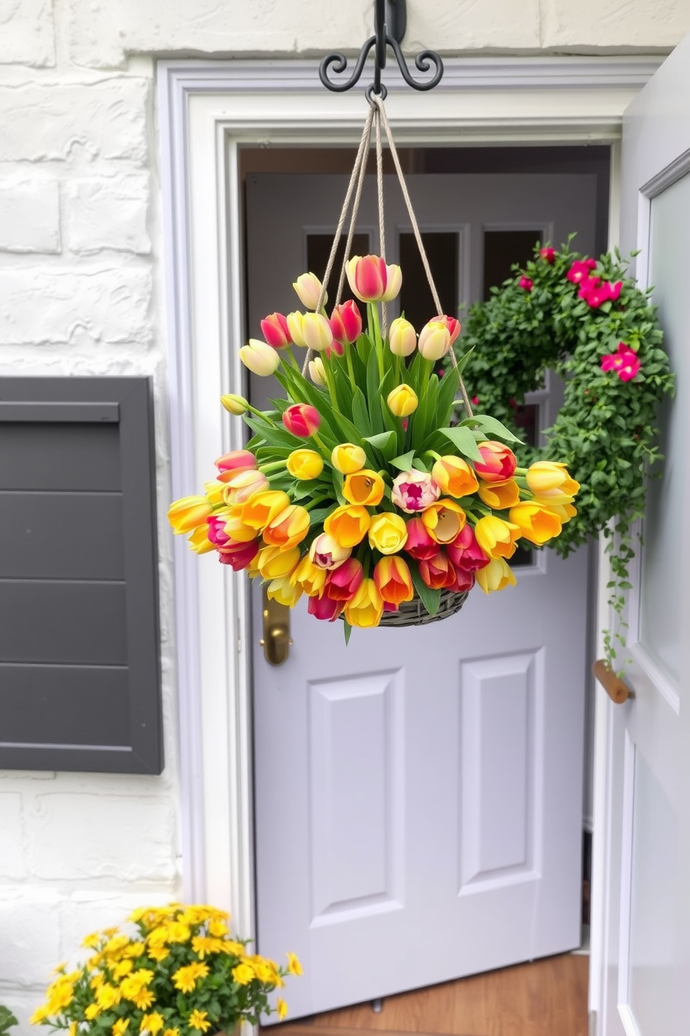 A vibrant welcome mat adorned with floral patterns in shades of pink, yellow, and green welcomes guests to a cheerful spring entryway. The mat is placed in front of a light blue front door, which is decorated with a wreath made of fresh flowers and greenery. Brightly colored potted plants in varying heights flank the door, adding a touch of nature to the scene. A small wooden bench sits nearby, topped with a cozy throw blanket and a basket filled with seasonal decorations.