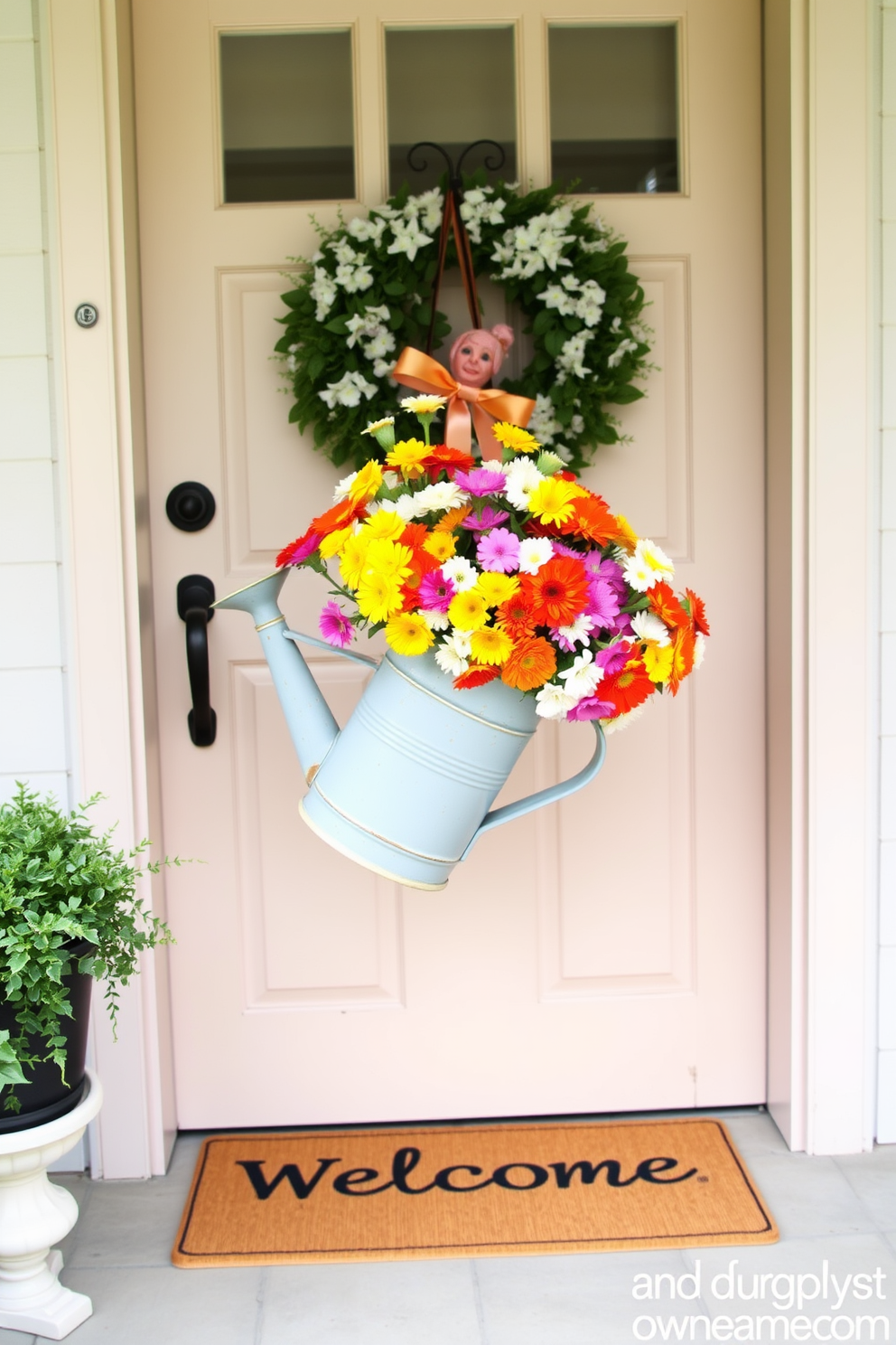 A charming front door adorned with a vintage watering can filled with vibrant spring flowers. The door is painted in a soft pastel hue, and a cheerful welcome mat lies at its base, inviting guests into the home.