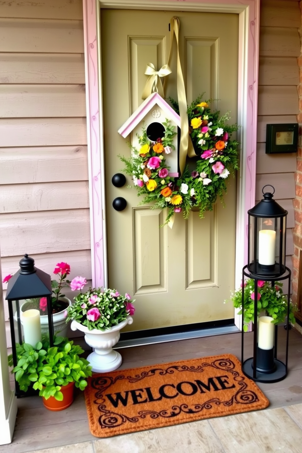 A charming birdhouse decoration is perched on a rustic wooden porch, painted in soft pastel colors with intricate floral designs. Surrounding the birdhouse are vibrant potted plants and a welcoming doormat that adds a touch of warmth to the entrance. For spring front door decorating ideas, a fresh wreath made of seasonal flowers and greenery hangs on the door, complemented by matching ribbon accents. Flanking the door, elegant lanterns with flickering candles create a cozy ambiance as evening approaches.