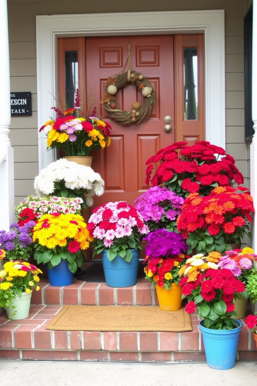 Colorful potted flowers are arranged on the steps leading up to a charming front door. The vibrant blooms in various sizes and hues create a welcoming atmosphere, complemented by a rustic doormat and a wreath adorned with seasonal accents.