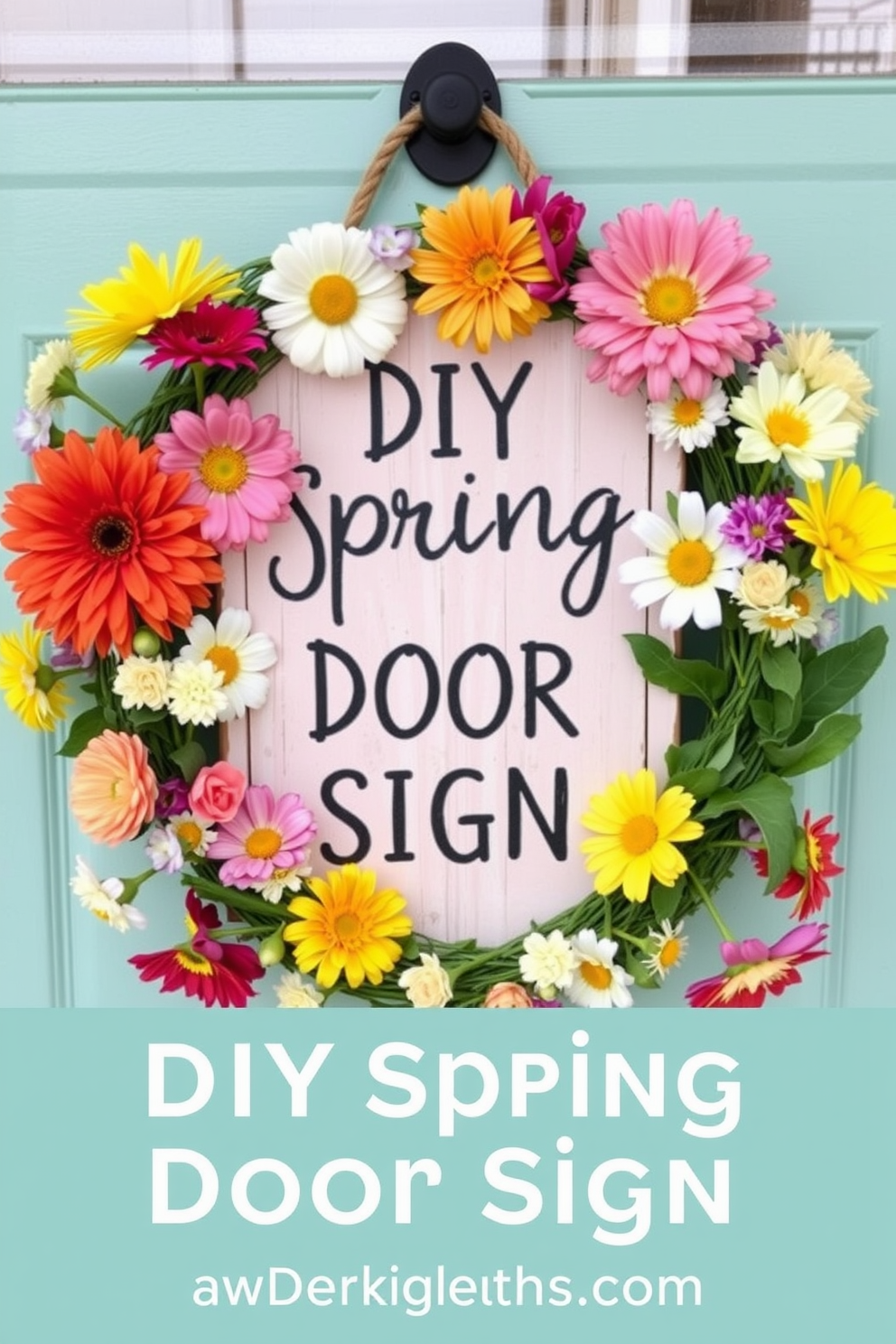 A charming DIY spring-themed door sign adorned with colorful flowers welcomes guests with a touch of seasonal cheer. The sign features a rustic wooden base painted in pastel shades, surrounded by vibrant blooms that celebrate the essence of spring.