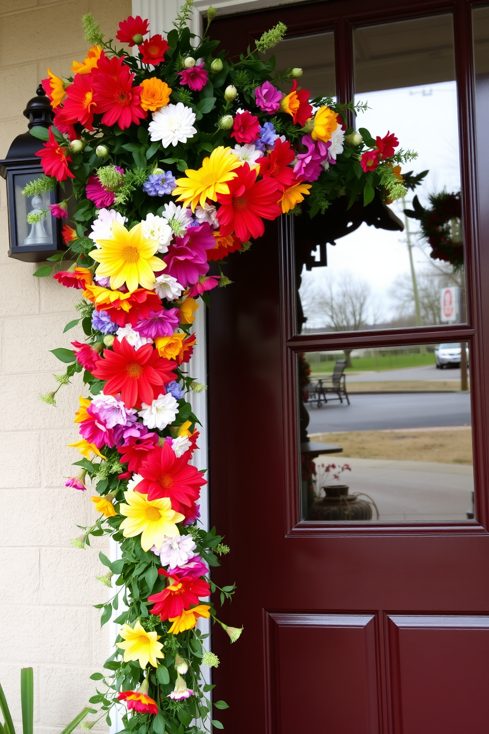 A charming front door adorned with a fresh greenery garland that elegantly frames the entrance. The garland features vibrant leaves and delicate blooms, creating a welcoming spring atmosphere.