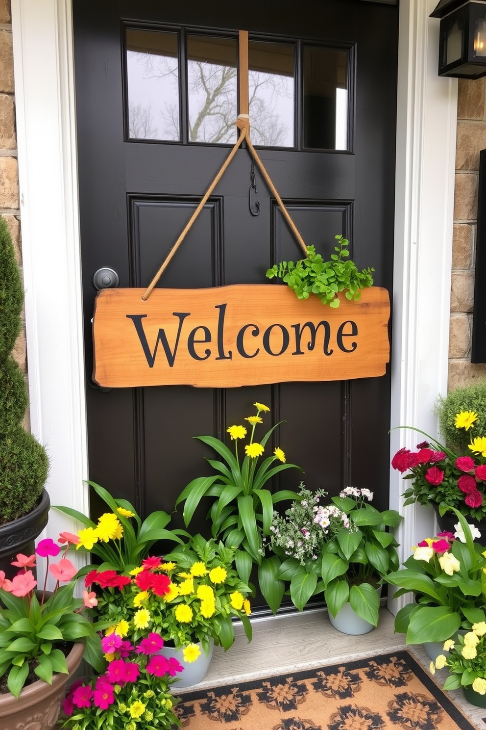 A rustic wooden welcome sign is mounted on the front door, surrounded by an array of vibrant green plants. The entryway is adorned with seasonal spring flowers, creating a warm and inviting atmosphere.