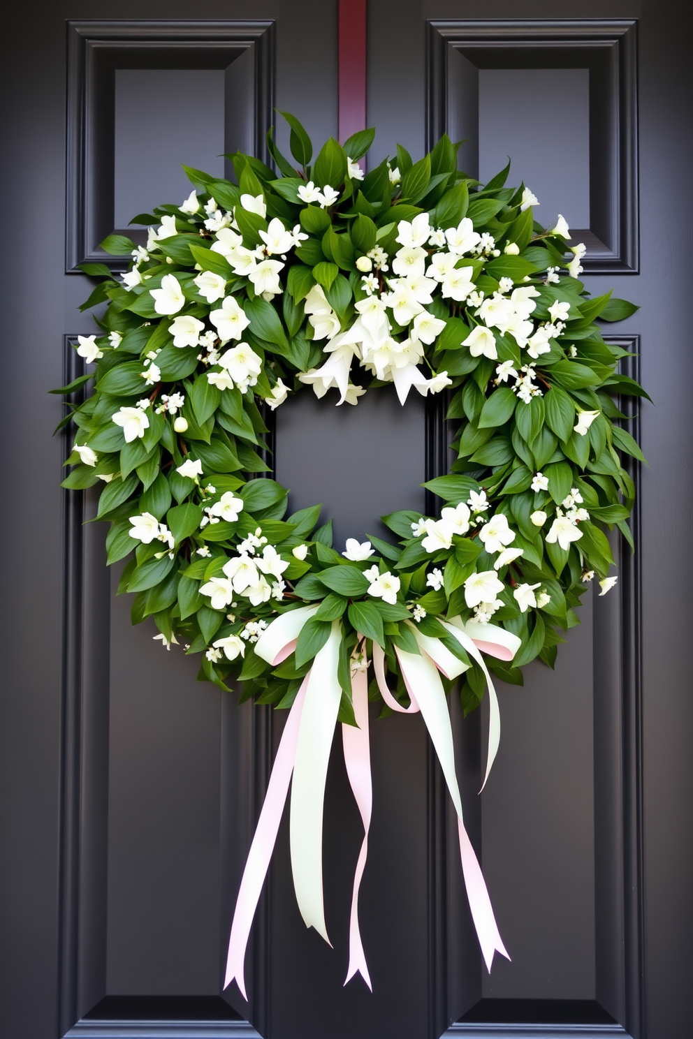 A beautiful front door adorned with a fresh greenery wreath featuring vibrant green leaves and delicate white flowers. The wreath is elegantly tied with soft pastel ribbons that cascade down, adding a touch of whimsy to the entrance.