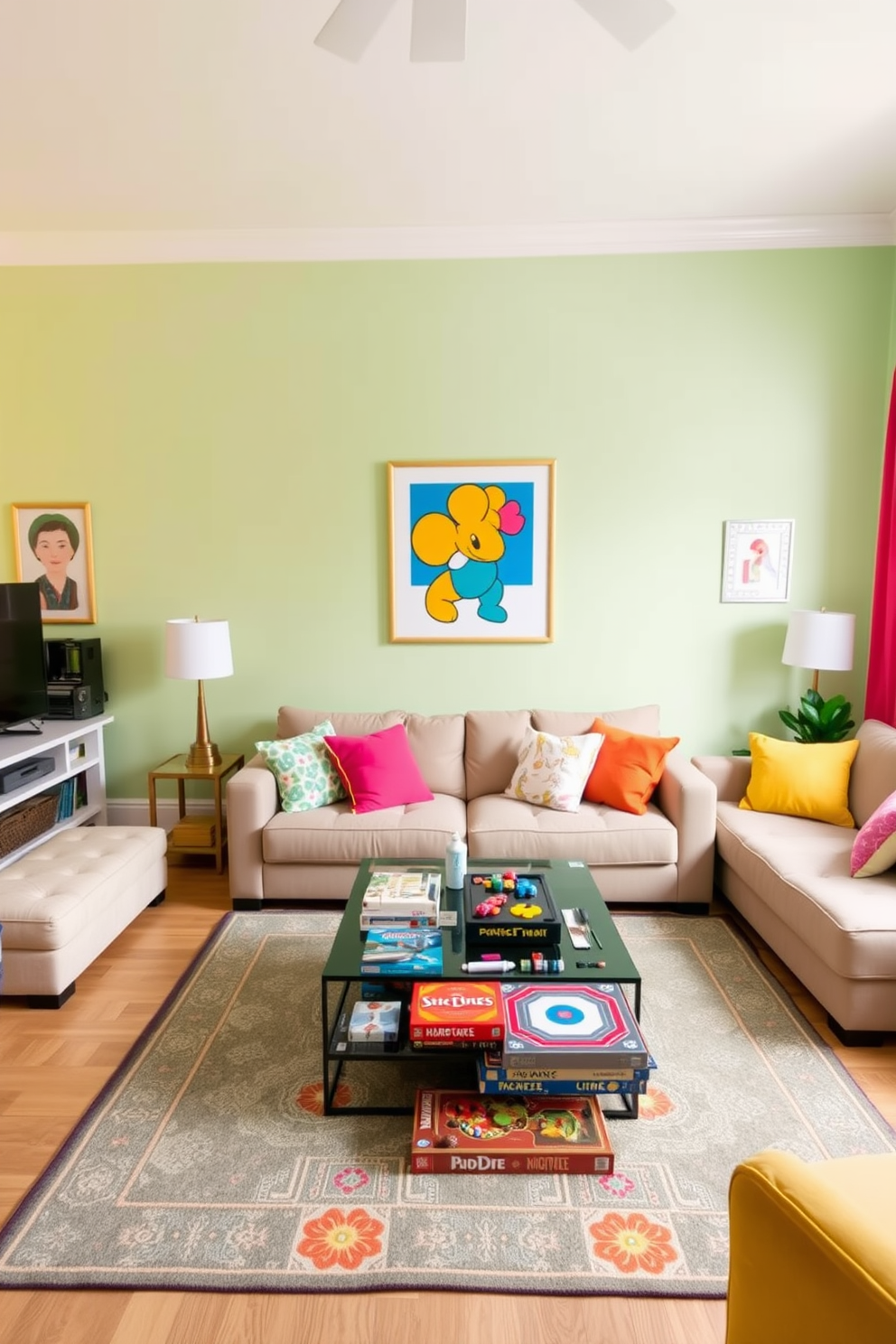 Bright pastel wall colors create an inviting and fresh atmosphere in a game room. The walls are adorned with soft hues like mint green and pale pink, making the space feel cheerful and lively. Incorporate playful decor elements such as bean bags and colorful wall art to enhance the spring theme. A cozy seating area is arranged around a low coffee table, perfect for enjoying games with friends.