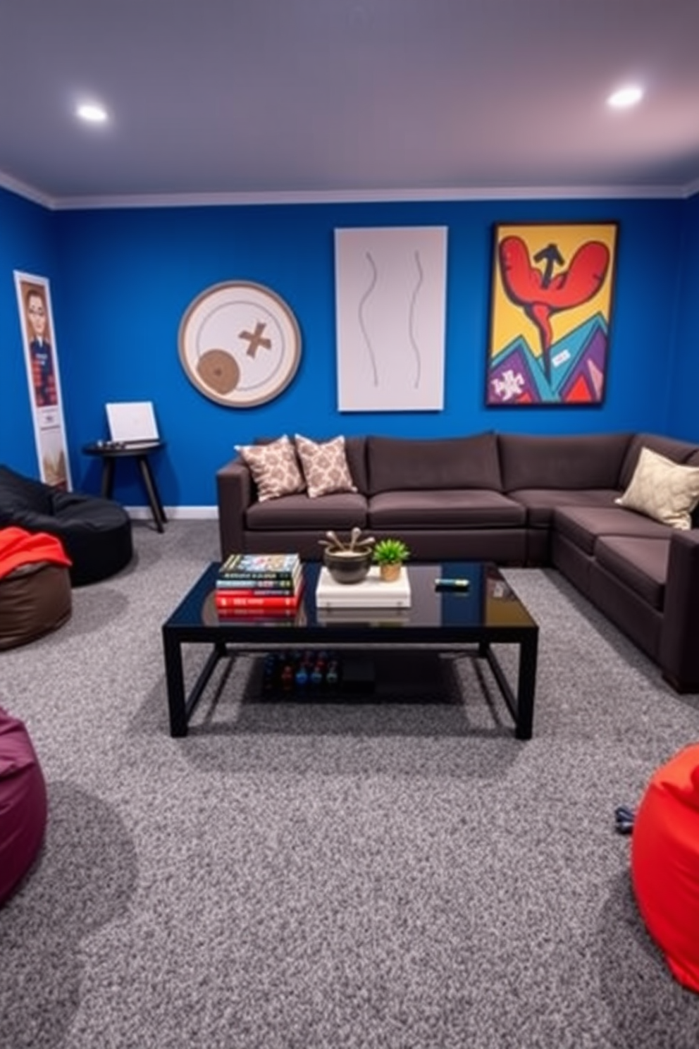 A cozy game room filled with vintage board games displayed on wooden shelves. The walls are painted in a soft pastel color, and a plush area rug lies on the floor, inviting relaxation and fun.