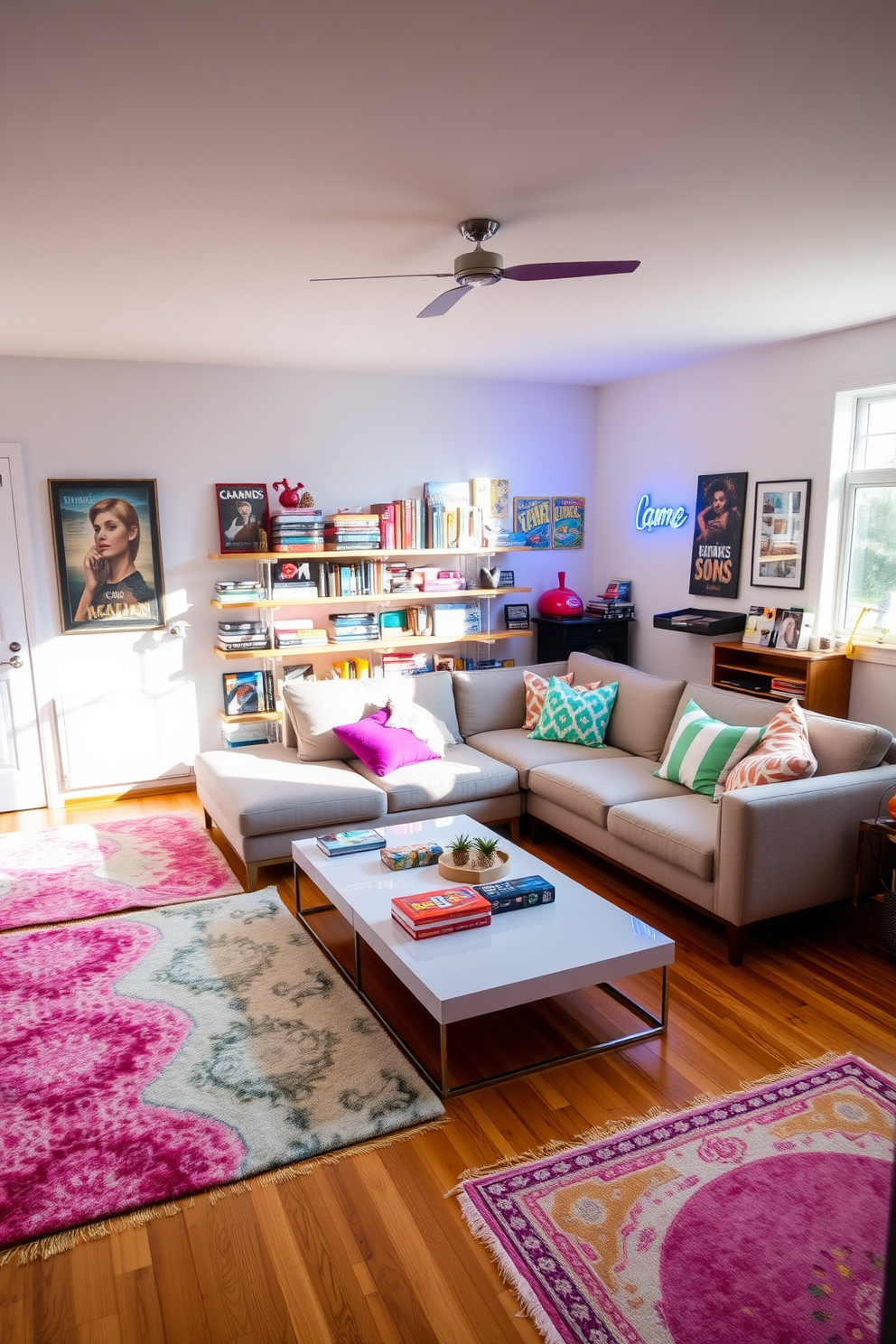 A cozy game room featuring a large chalkboard mounted on the wall displaying game scores in colorful chalk. The room is filled with comfortable seating options including a plush sectional sofa and bean bags, creating a relaxed atmosphere for friends and family.