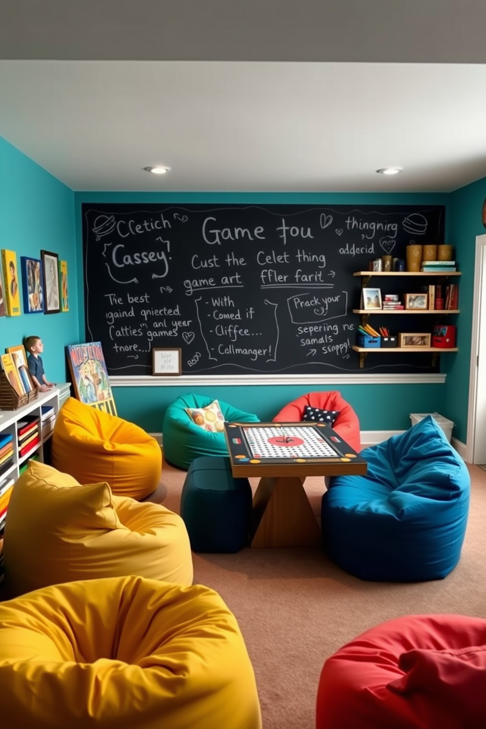 A vibrant game room filled with spring-themed decor. The walls are adorned with cheerful pastel colors, and a neon sign that reads Spring Game Room Decorating Ideas glows brightly above a cozy seating area.