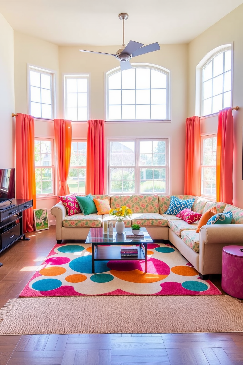 A vibrant game room filled with natural light. The walls are painted in a soft pastel color, and a plush area rug anchors the seating area. Wicker baskets are neatly arranged on shelves for storage, adding a touch of warmth and texture. A stylish coffee table sits in the center, surrounded by comfortable seating options in bright, cheerful fabrics.