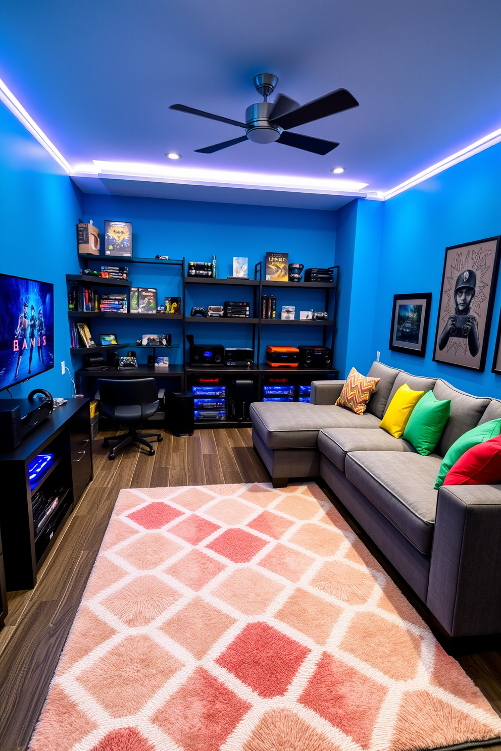 A vibrant game room designed for entertainment features a stylish dartboard mounted on a feature wall. The room is filled with comfortable seating options, including a plush sectional sofa and colorful bean bags, creating an inviting atmosphere for friends and family. Brightly colored artwork adorns the walls, enhancing the playful vibe of the space. A sleek coffee table sits in the center, surrounded by gaming accessories and snacks, making it the perfect spot for casual gatherings.