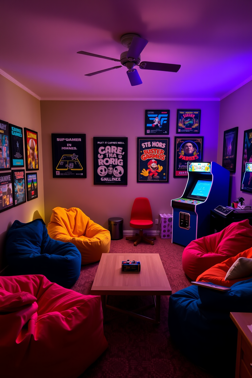 A vibrant game room filled with natural light. The focal point is a stylish mini fridge stocked with an array of drinks, seamlessly integrated into the modern decor. Colorful bean bag chairs and a sleek pool table create a fun and inviting atmosphere. The walls are adorned with sports memorabilia, and a large rug anchors the space, adding warmth and comfort.