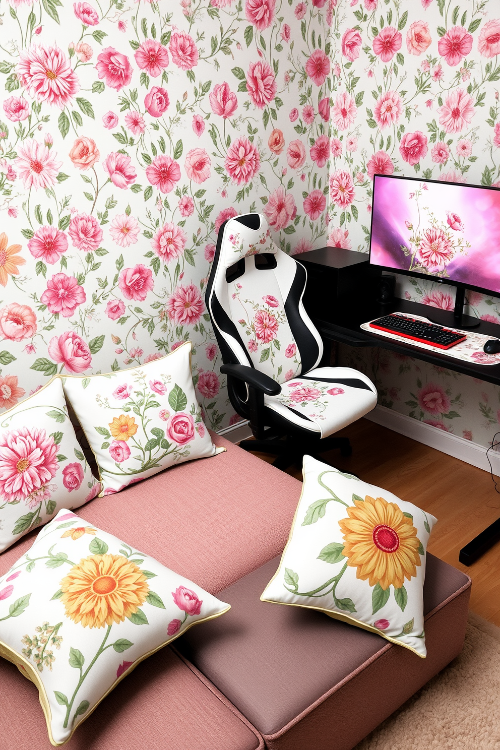 A vibrant game room filled with natural light. The walls are adorned with floral patterned wallpaper in soft pastels, creating a cheerful atmosphere. A large, plush sectional sofa is covered in a coordinating floral fabric, inviting relaxation. A vintage coffee table with a glass top sits in the center, surrounded by colorful bean bags for casual seating.