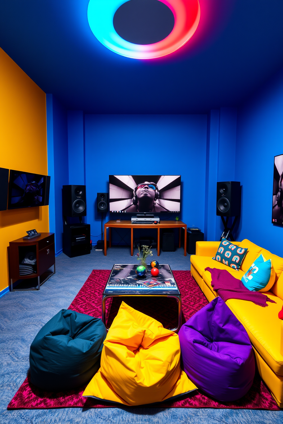 A lively game room filled with energy and fun. The seating area features a plush sofa adorned with vibrant cushions in various colors and patterns for added comfort. The walls are painted in a cheerful light blue, creating an inviting atmosphere. A large coffee table in the center is surrounded by bean bags and a colorful rug, perfect for game nights.