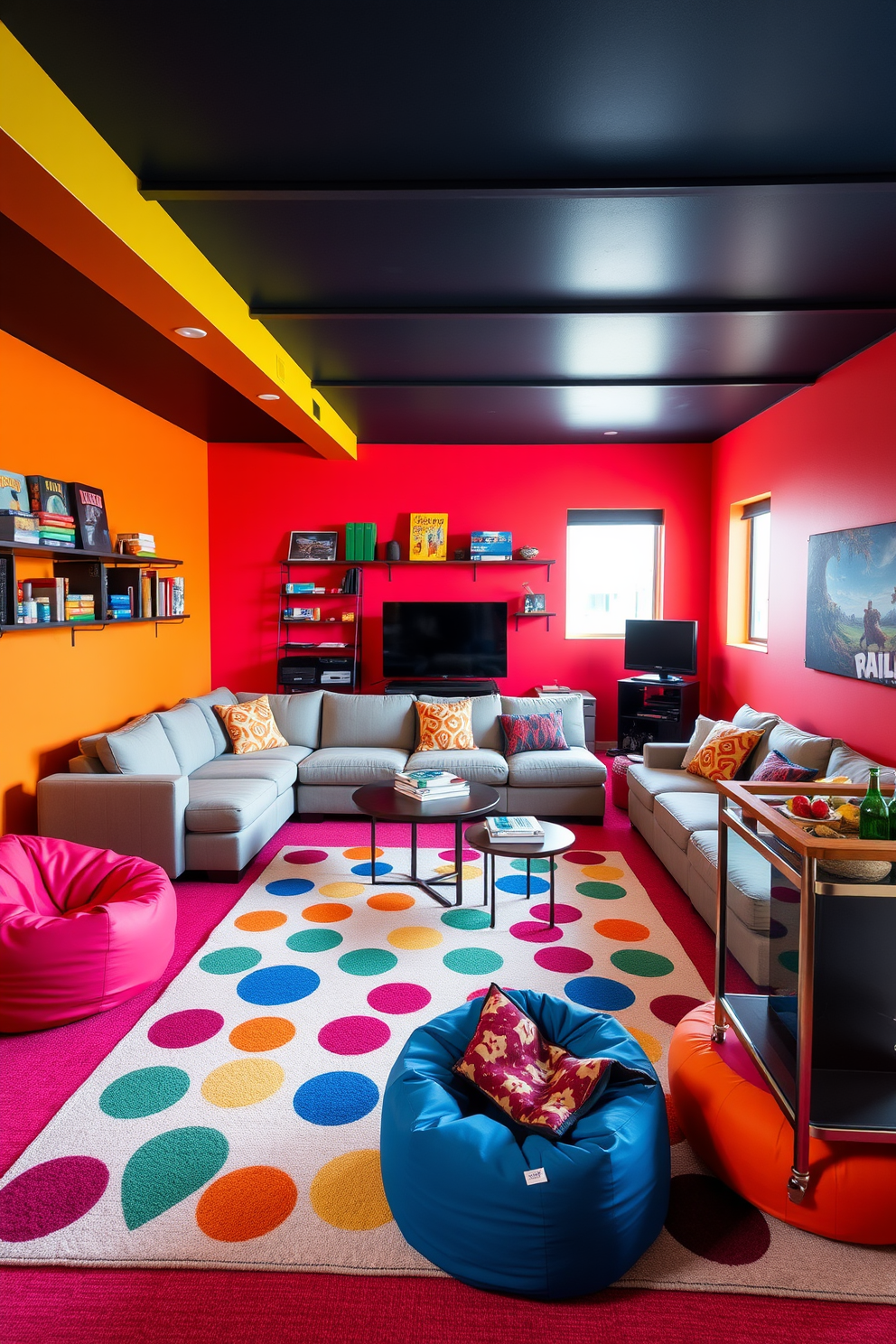 A vibrant game room filled with natural light. The walls are painted in a cheerful pastel blue, and a large window offers a view of the outdoors. A plush sectional sofa in a light gray fabric is positioned in the center, adorned with colorful throw pillows. A soft throw in a bright floral pattern is draped over one armrest, adding cozy vibes to the space. A sleek coffee table made of reclaimed wood sits in front of the sofa, surrounded by a few stylish board games. The floor is covered with a large area rug featuring a playful geometric design that ties the room together. In one corner, a retro arcade machine stands proudly, inviting fun and nostalgia. A vibrant artwork depicting a spring landscape hangs above the machine, enhancing the cheerful ambiance.