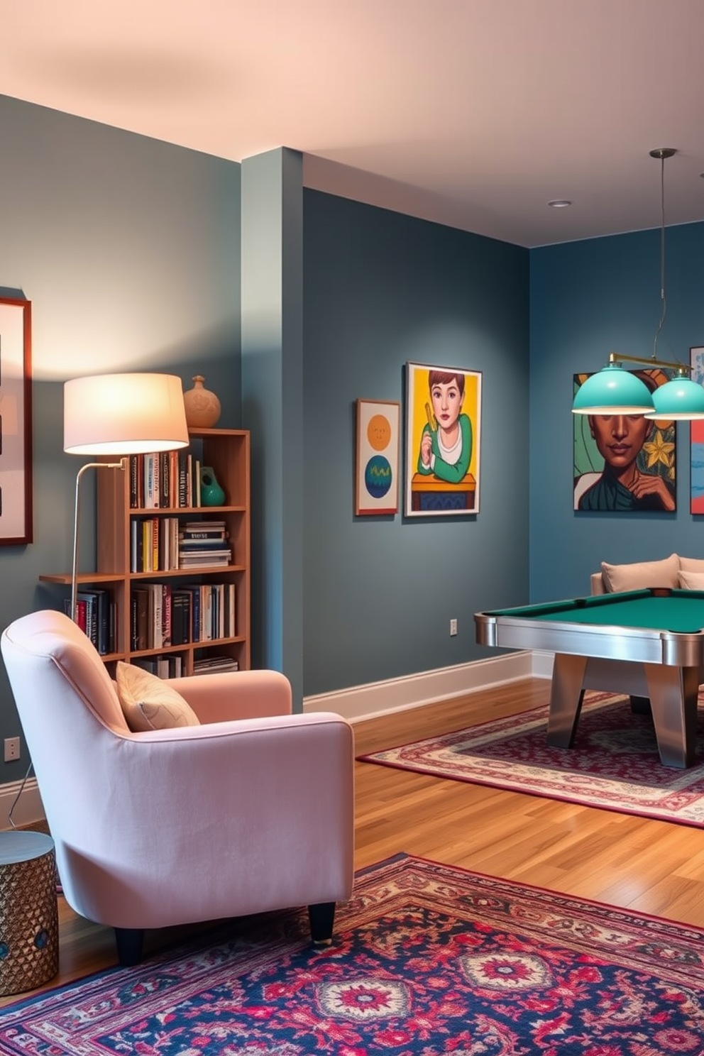 Create a vibrant game room filled with playful curtains in bright colors that add a cheerful touch to the space. The walls are adorned with fun artwork, and a cozy seating area invites friends and family to gather for game nights.