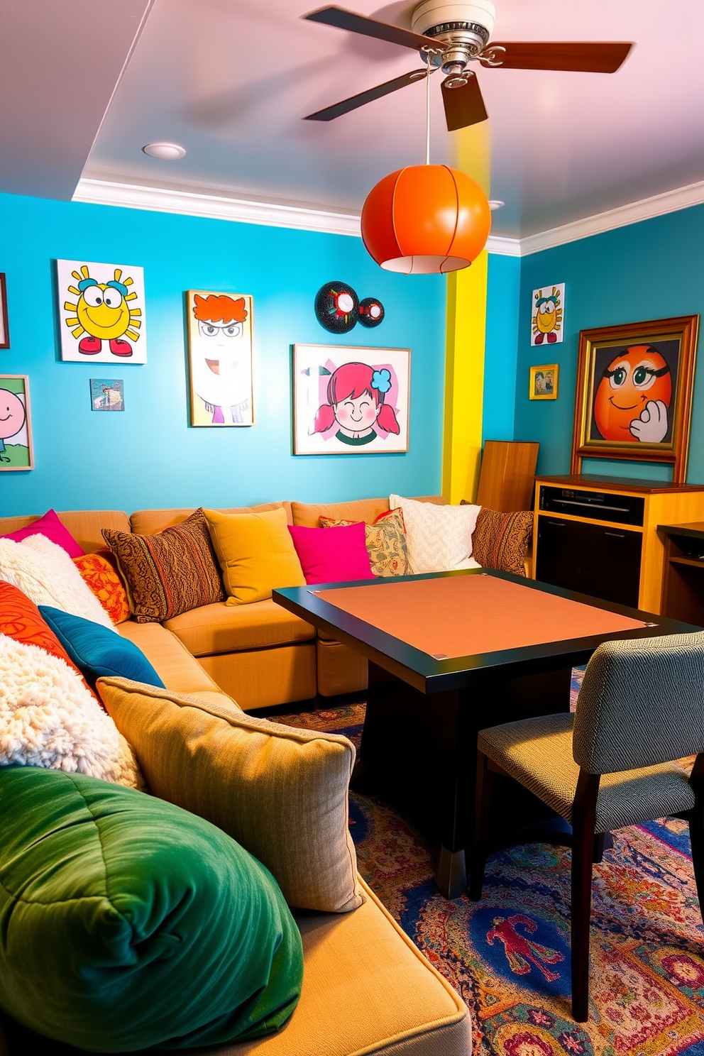 A vibrant game room filled with natural light. The walls are painted in a soft pastel color, and large mirrors are strategically placed to reflect light and create an airy atmosphere. The room features a comfortable sectional sofa in a cheerful hue, surrounded by a coffee table made of reclaimed wood. A wall-mounted game console and shelves filled with board games add a playful touch to the decor.