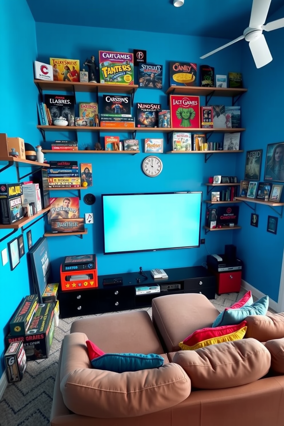 A vibrant game room filled with a mix of vintage arcade games and comfortable seating. The walls are painted in a cheerful pastel color, and colorful bean bags are scattered around for a relaxed atmosphere. A retro-style arcade game sits prominently in one corner, surrounded by framed posters of classic games. A cozy rug lies in the center of the room, and a small table holds snacks and drinks for an inviting social space.