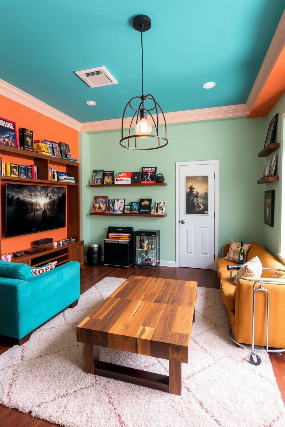 A vibrant game room featuring bright blue walls that contrast with a sleek white pool table at the center. Colorful artwork adorns the walls, and plush bean bags in shades of yellow and green provide ample seating for friends and family. In one corner, a retro arcade machine adds a nostalgic touch, while a neon sign casts a warm glow over the space. Decorative shelves display board games and trophies, creating a fun and inviting atmosphere for entertaining guests.