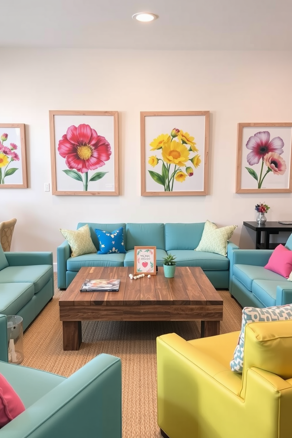 A vibrant game room filled with playful energy. The walls are adorned with colorful spring-themed artwork featuring blooming flowers and cheerful landscapes. Comfortable seating arrangements include a mix of bean bags and a plush sofa. A large coffee table in the center is surrounded by board games and a refreshing drink station.