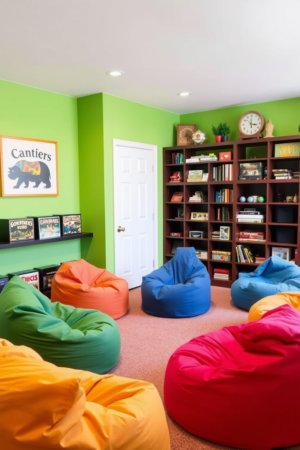 A cozy reading nook area features a plush armchair upholstered in soft fabric, positioned beside a large window that allows natural light to flood the space. A small wooden side table holds a stack of books and a steaming cup of tea, while a colorful throw blanket drapes over the armchair. The Spring Game Room is designed with vibrant colors and playful decor, incorporating a large sectional sofa that invites relaxation and socializing. A modern coffee table sits at the center, surrounded by board games and a bright rug that adds warmth to the floor.