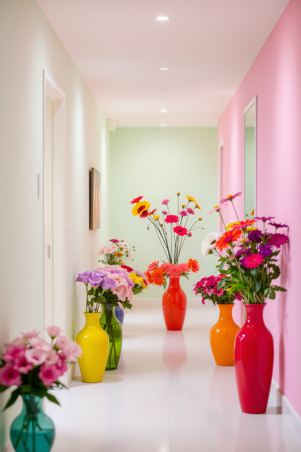 A bright and inviting hallway adorned with fresh flowers in colorful vases. The walls are painted in a soft pastel hue, creating a cheerful atmosphere that complements the vibrant blooms.