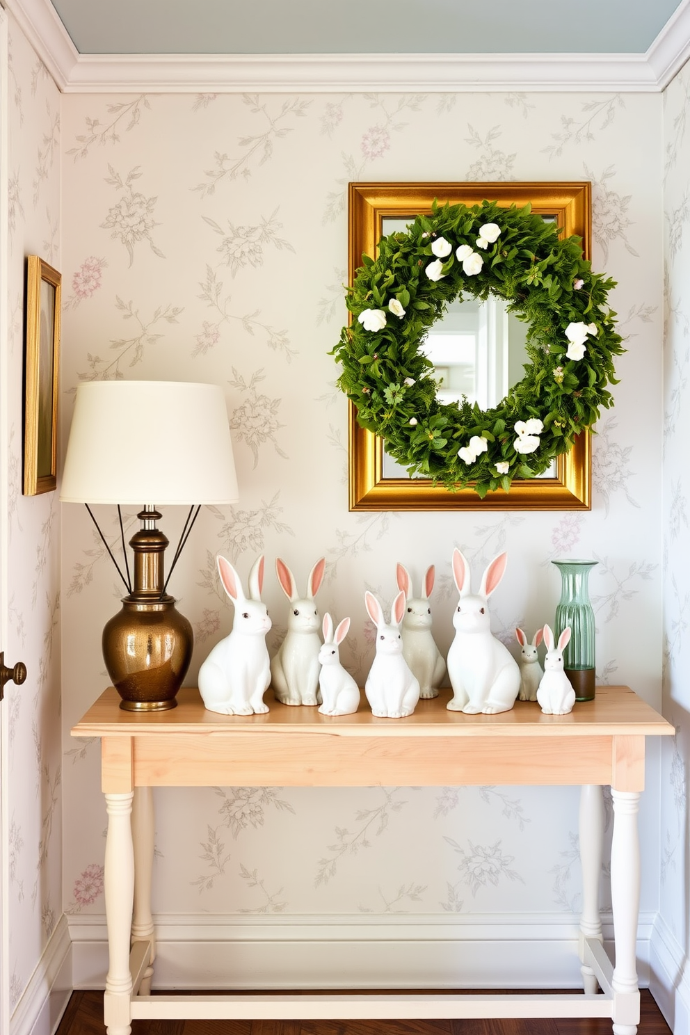 Create a charming hallway that celebrates spring with ceramic bunnies as playful accents. The walls are adorned with soft pastel colors and delicate floral wallpaper, while a light wood console table displays an array of ceramic bunnies in various sizes, adding a whimsical touch to the space.