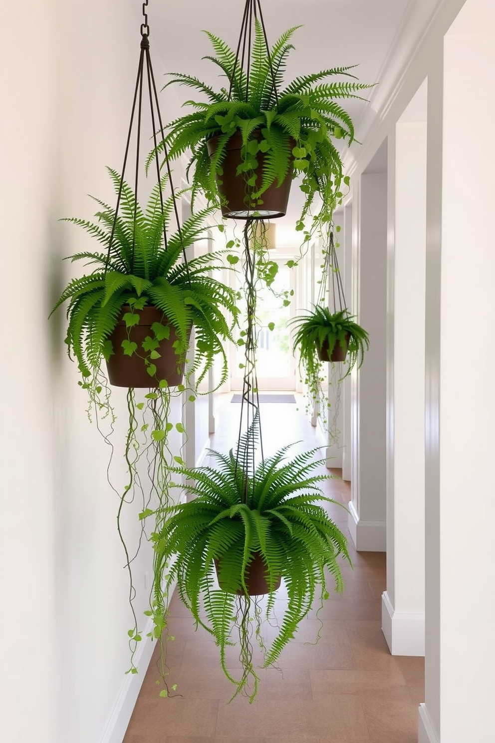 A bright and inviting hallway adorned with potted plants of varying heights and textures. Lush green foliage spills over the edges of ceramic pots placed strategically along the walls, creating a vibrant and refreshing atmosphere. Natural light filters in through a nearby window, illuminating the space and highlighting the rich colors of the plants. A soft area rug in a neutral tone runs down the hallway, adding warmth and comfort to the design.