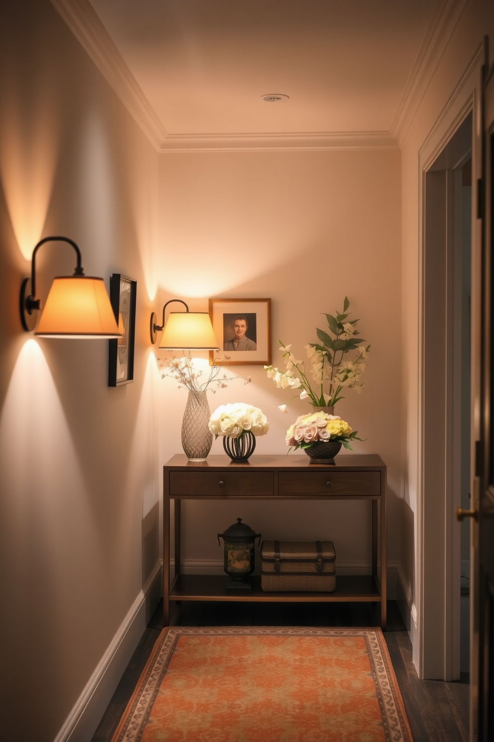 A cozy hallway bathed in soft lighting creates an inviting atmosphere. Stylish lamps with warm tones illuminate the space, highlighting decorative elements along the walls. Fresh floral arrangements in pastel colors adorn the console table, adding a touch of spring. A vibrant area rug with a subtle pattern enhances the overall charm of the hallway.