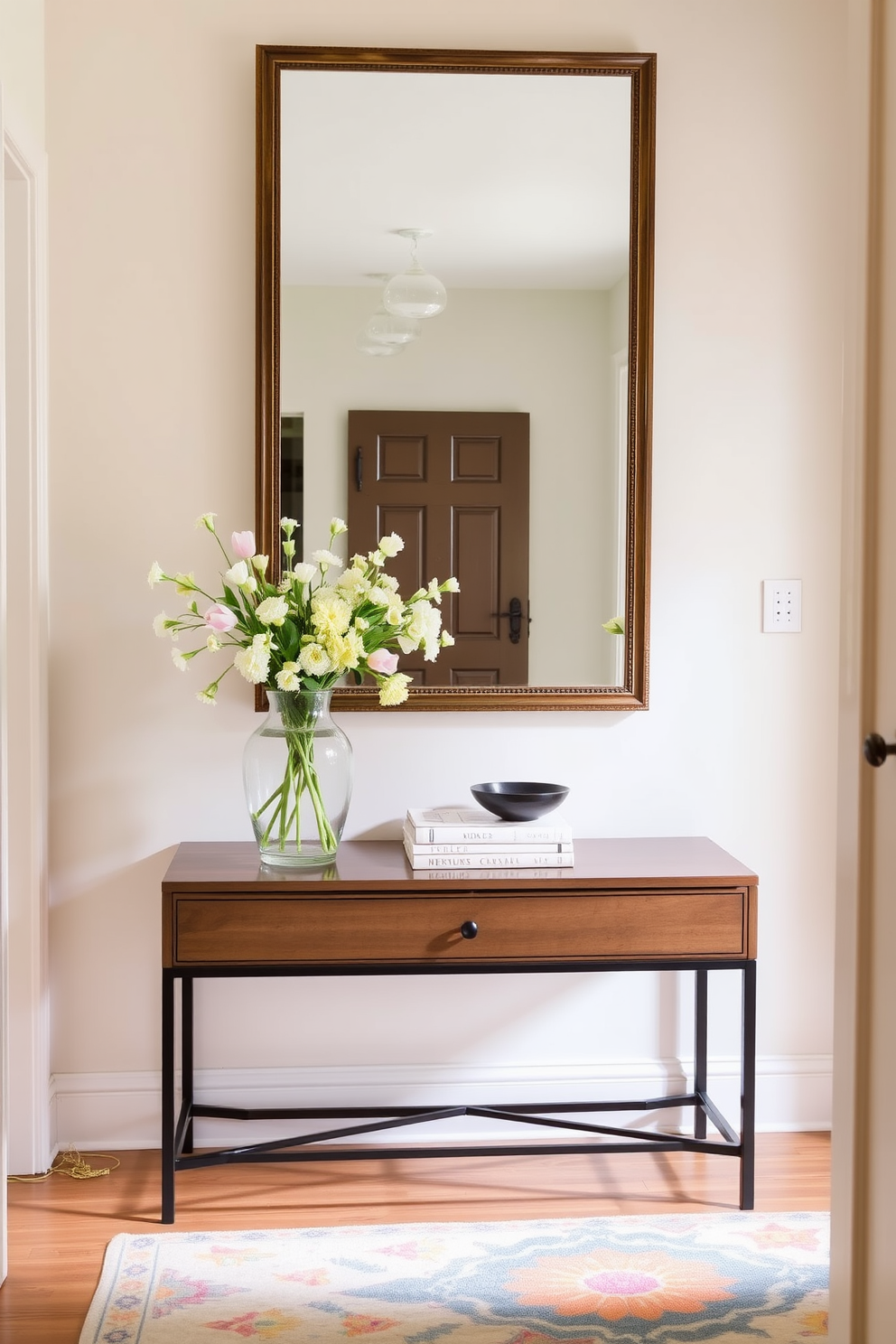 A charming entryway features a stylish console table adorned with a vase of fresh spring flowers. Above the table, a large mirror reflects natural light, enhancing the warmth of the soft pastel wall color. The console table is decorated with a few carefully arranged books and a decorative bowl for keys. A cozy area rug in cheerful colors adds a welcoming touch to the hallway.