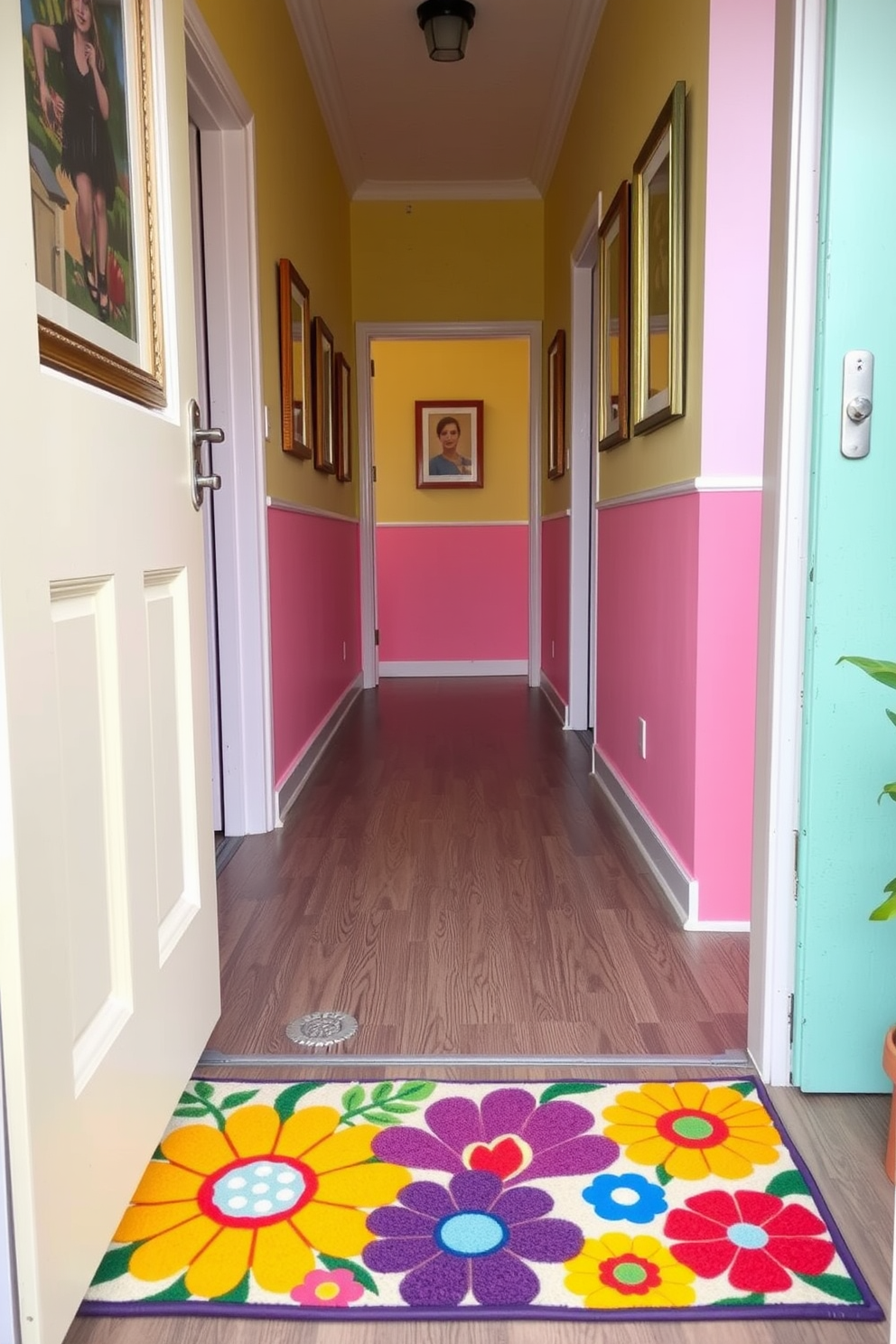 A colorful doormat with vibrant floral patterns welcomes guests at the entrance. The hallway is adorned with pastel-colored walls and framed artwork, creating a cheerful and inviting atmosphere.