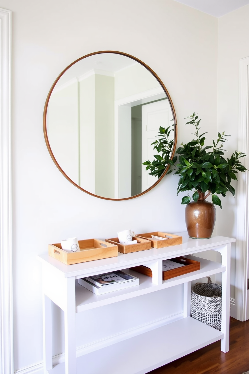 A vibrant hallway adorned with textured rugs featuring intricate floral patterns in soft pastels. The walls are painted in a light cream color, complemented by decorative wall art and a small console table showcasing fresh flowers.