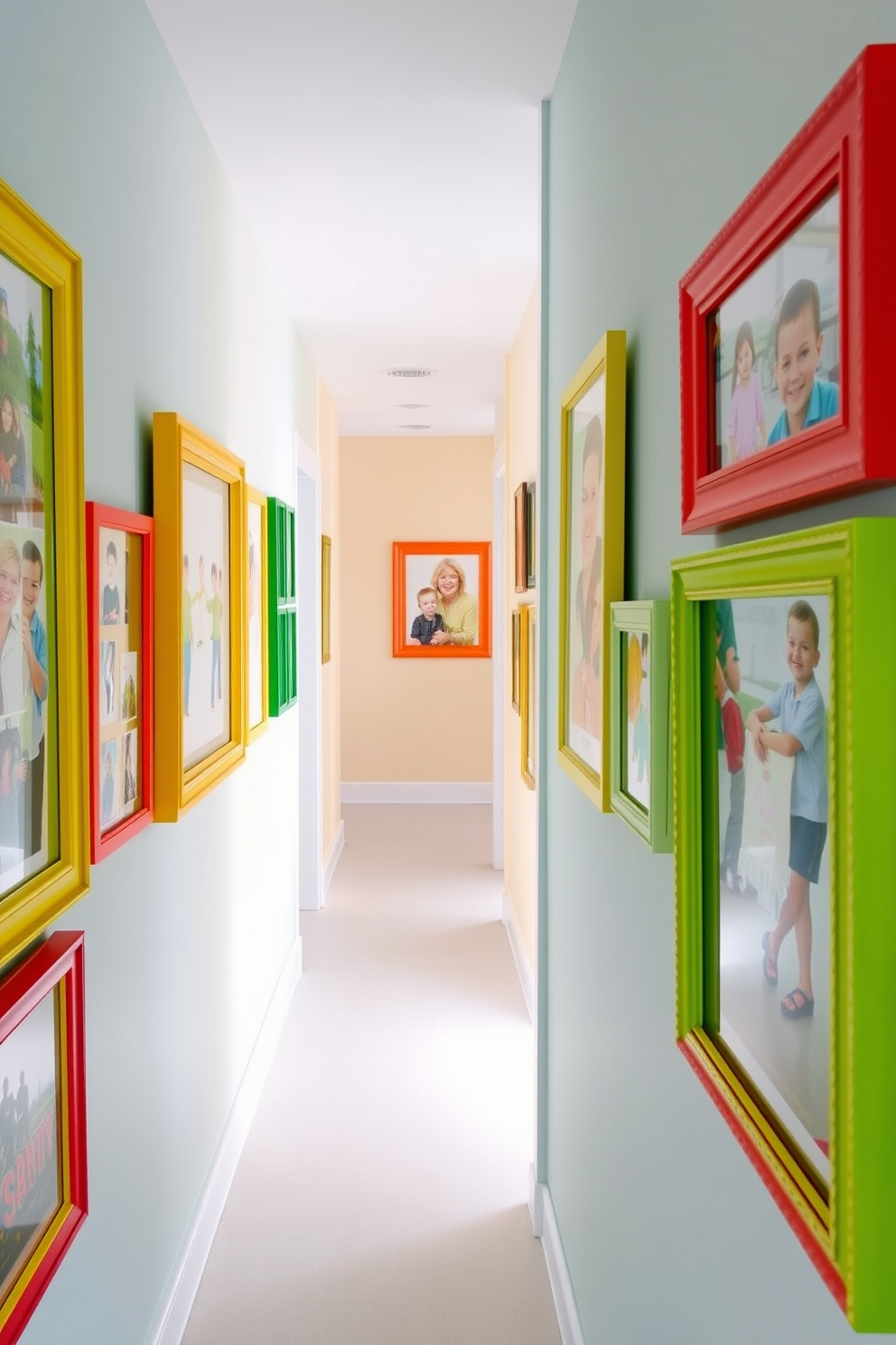 Brightly colored picture frames adorn the walls of a cheerful hallway. Each frame showcases vibrant artwork and family photos, creating a lively and inviting atmosphere.