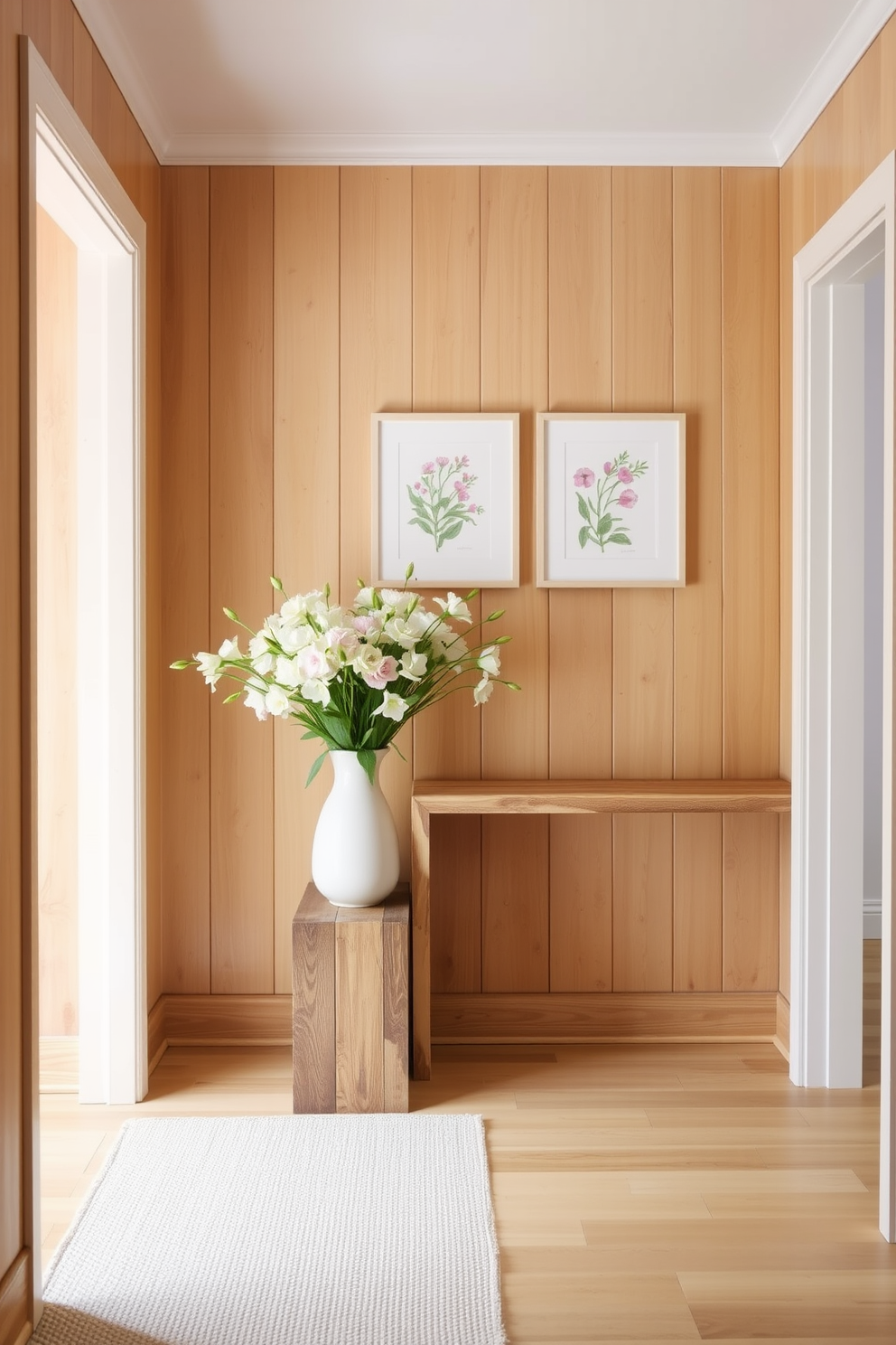 A bright and inviting hallway features natural wood paneling on the walls that adds warmth and texture. A long console table made of reclaimed wood sits against one wall, adorned with fresh spring flowers in a ceramic vase. The floor is covered with a soft, neutral area rug that complements the wood tones. On the opposite wall, a series of framed botanical prints in light frames create a cheerful and cohesive spring theme.