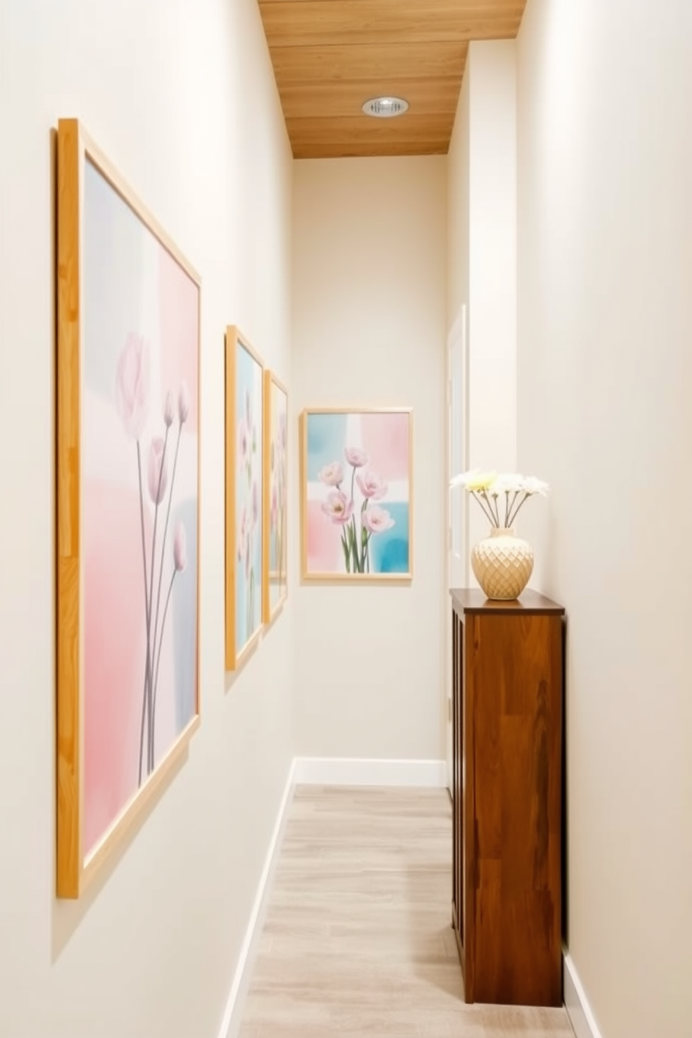 Pastel colored wall art adorns the hallway, featuring soft hues of pink, blue, and yellow that evoke the essence of spring. The artwork is framed in light wood, complementing the warm, neutral tones of the walls and enhancing the inviting atmosphere of the space.