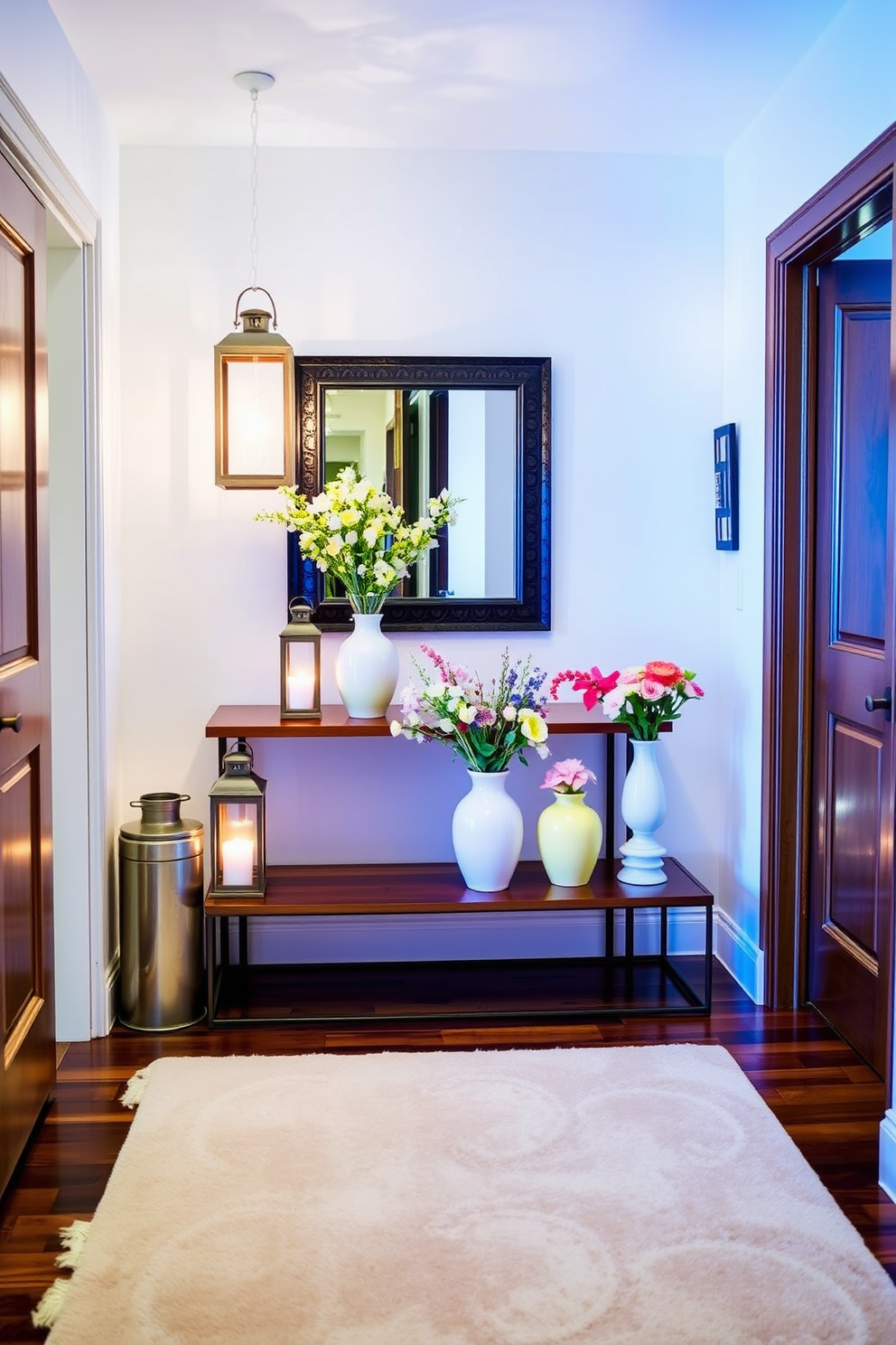 A cheerful hallway adorned with breezy fabric garlands that gently sway in the soft spring breeze. The walls are painted in a light pastel hue, complementing the vibrant colors of the garlands and creating a fresh, inviting atmosphere.