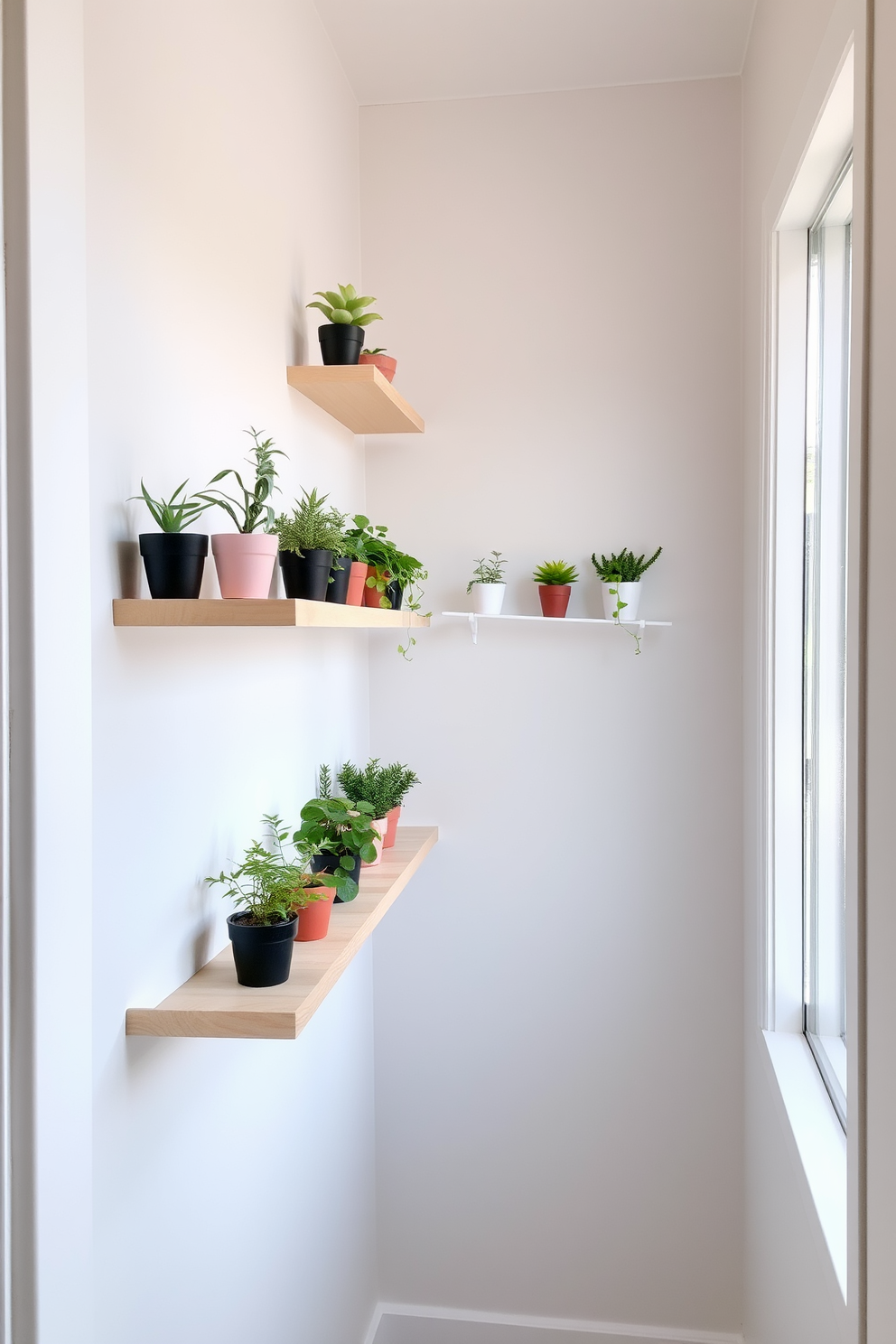 Miniature potted plants are arranged on floating shelves along a bright and airy hallway. The shelves are made of light wood, and the plants vary in size and type, adding a touch of greenery and life to the space. Soft natural light filters in through a nearby window, highlighting the vibrant colors of the plants. The walls are painted in a soft pastel hue, creating a serene backdrop for the decorative display.