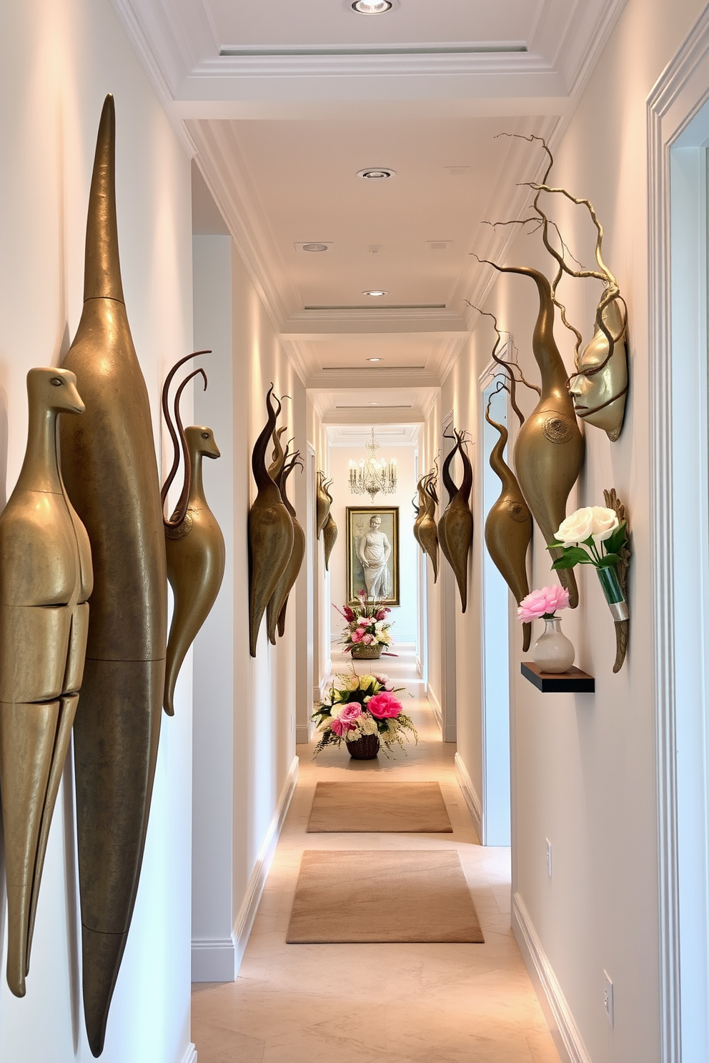 A stunning hallway adorned with artistic sculptures that add visual interest and charm. The sculptures vary in size and material, creating a dynamic focal point along the walls. Incorporate fresh spring colors through decorative elements like vibrant floral arrangements and pastel accents. Soft lighting enhances the ambiance, inviting warmth and creativity into the space.