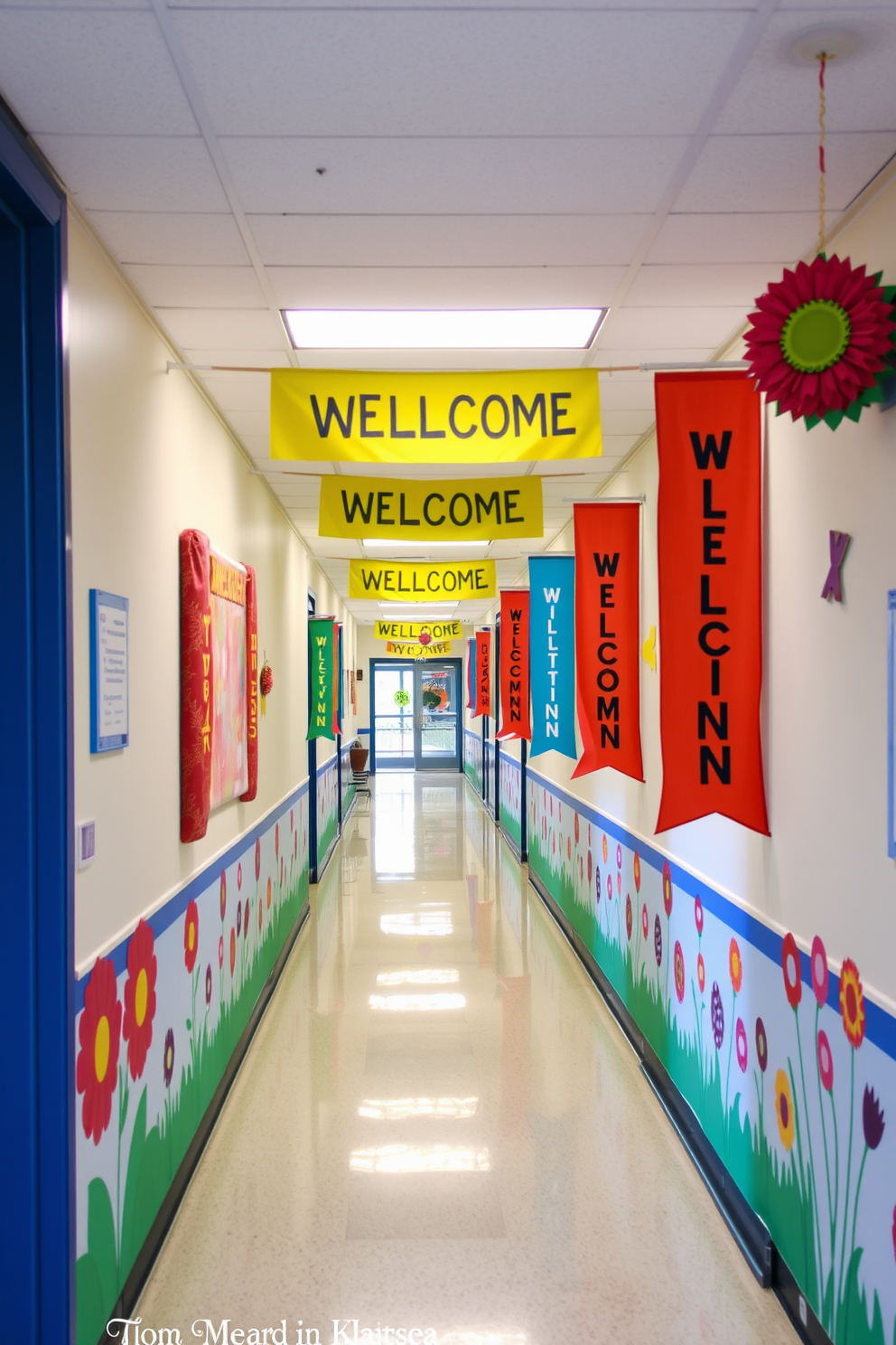 Fun seasonal signs create a welcoming vibe in a spring-themed hallway. Brightly colored banners and cheerful decorations adorn the walls, inviting guests to enjoy the seasonal spirit.