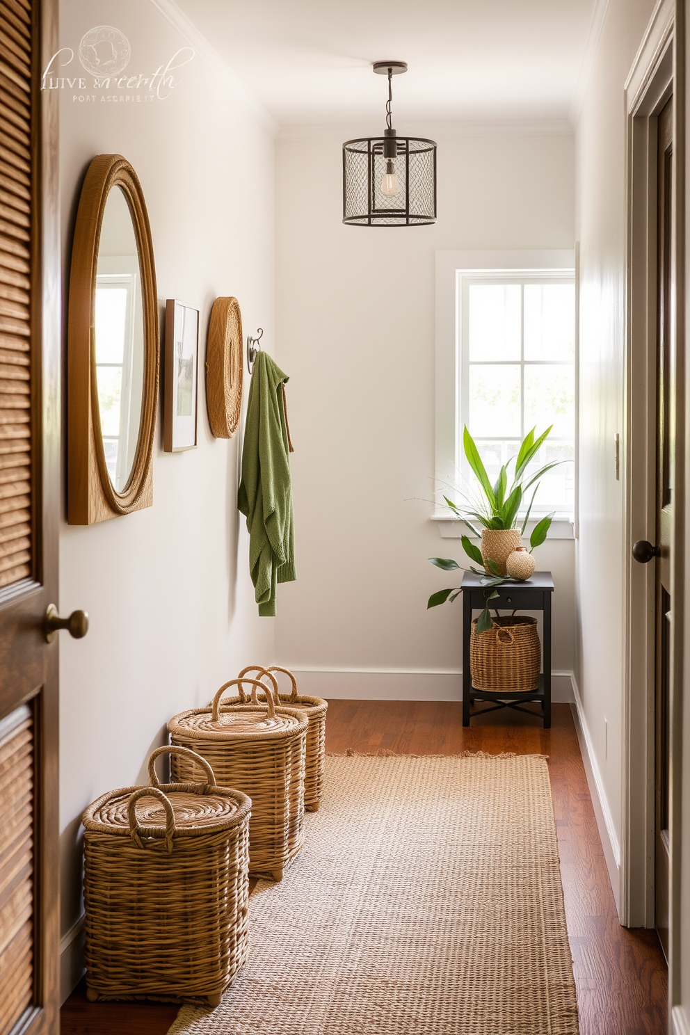 Layered textures create a warm and inviting atmosphere in a spring-inspired hallway. Woven baskets are artfully arranged along the floor, adding both functionality and style to the space.