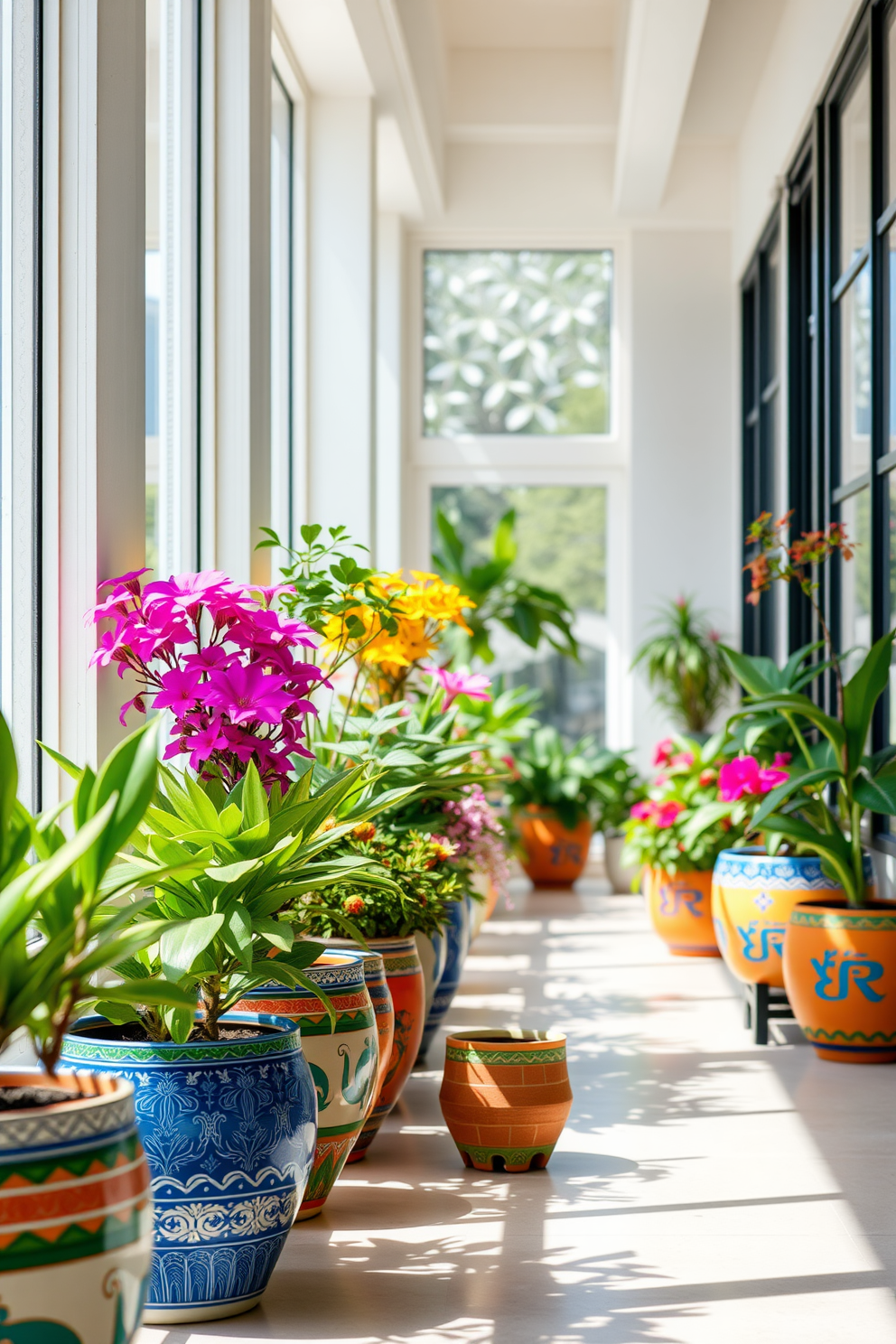 Colorful ceramic pots filled with vibrant plants line the walls of a bright and airy hallway. The pots feature intricate patterns and colors, adding a cheerful touch to the space while natural light floods in through large windows.