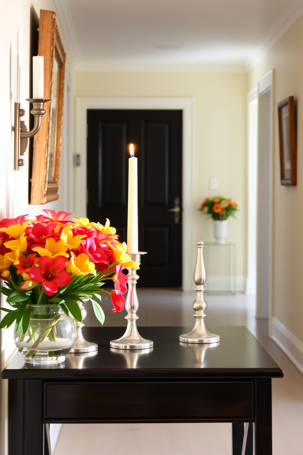 Elegant candle holders stand gracefully on a console table, casting a soft and inviting glow throughout the space. The hallway is adorned with fresh spring flowers in vibrant colors, creating a cheerful and welcoming atmosphere.