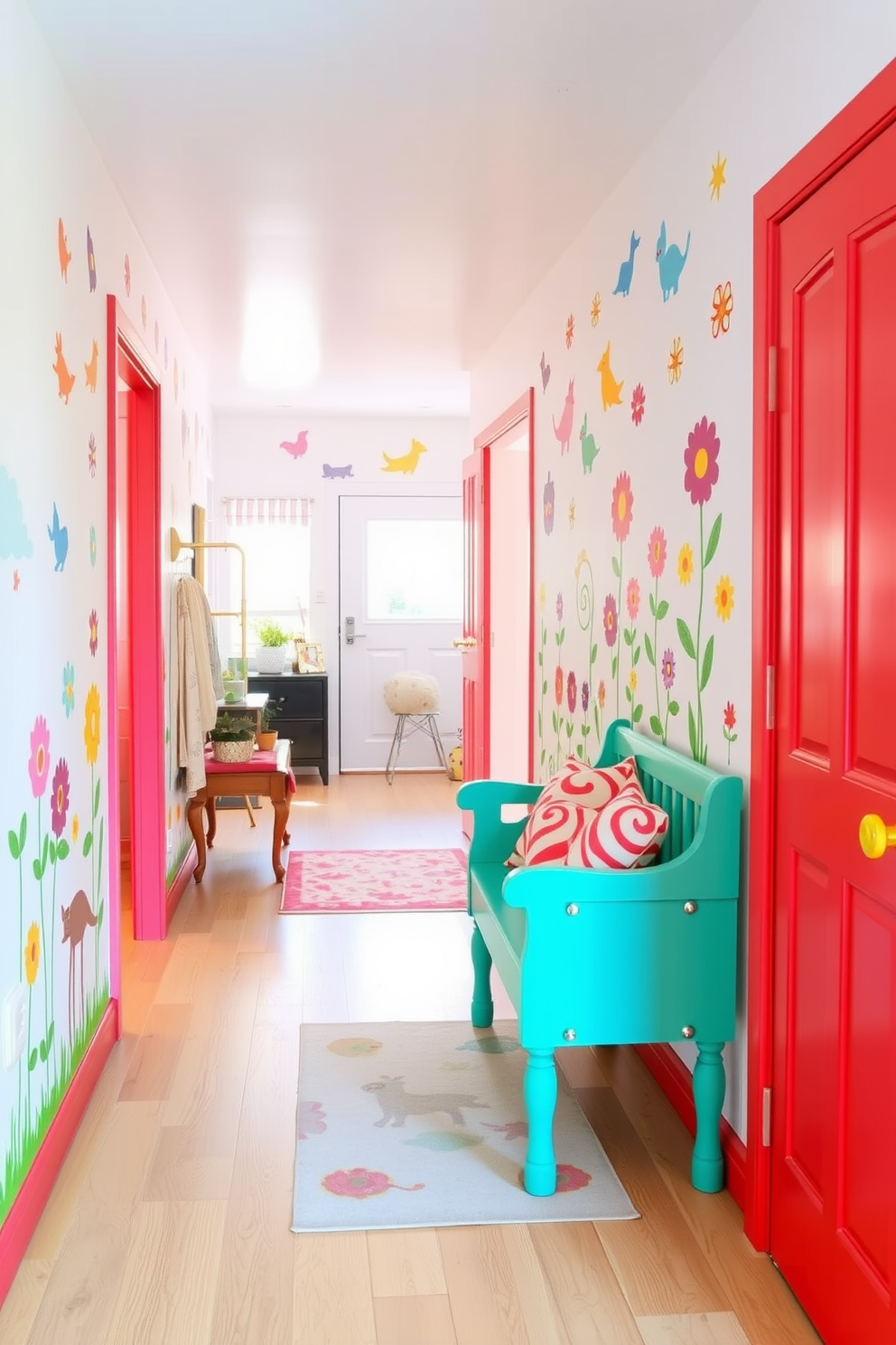 A vibrant hallway filled with whimsical wall decals featuring colorful animals and flowers. The decals add a playful touch to the space, creating a cheerful atmosphere that invites creativity. Soft pastel colors adorn the walls, complemented by a light wood flooring that enhances the playful theme. Decorative elements like a small bench with bright cushions and a fun area rug complete the spring-inspired decor.