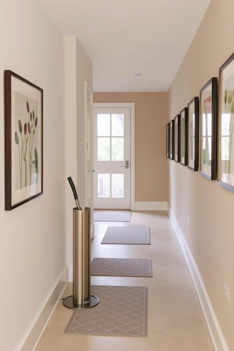 Elegant candle holders in various heights are arranged along a sleek console table. The hallway features soft, ambient lighting that highlights the delicate textures of the candle holders. Spring-themed decorations, including fresh flowers and pastel accents, adorn the walls and surfaces. A light, airy color palette enhances the welcoming atmosphere of the space.