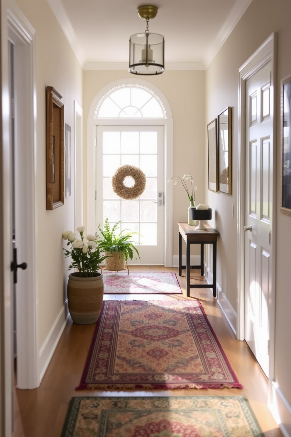 Layered rugs in a hallway create a warm and inviting atmosphere. Choose a mix of patterns and textures to enhance the visual interest and comfort underfoot. Incorporate fresh flowers and greenery to bring a touch of spring into your hallway. Use light, airy colors for wall decor and accents to complement the layered rugs and create a cohesive look.