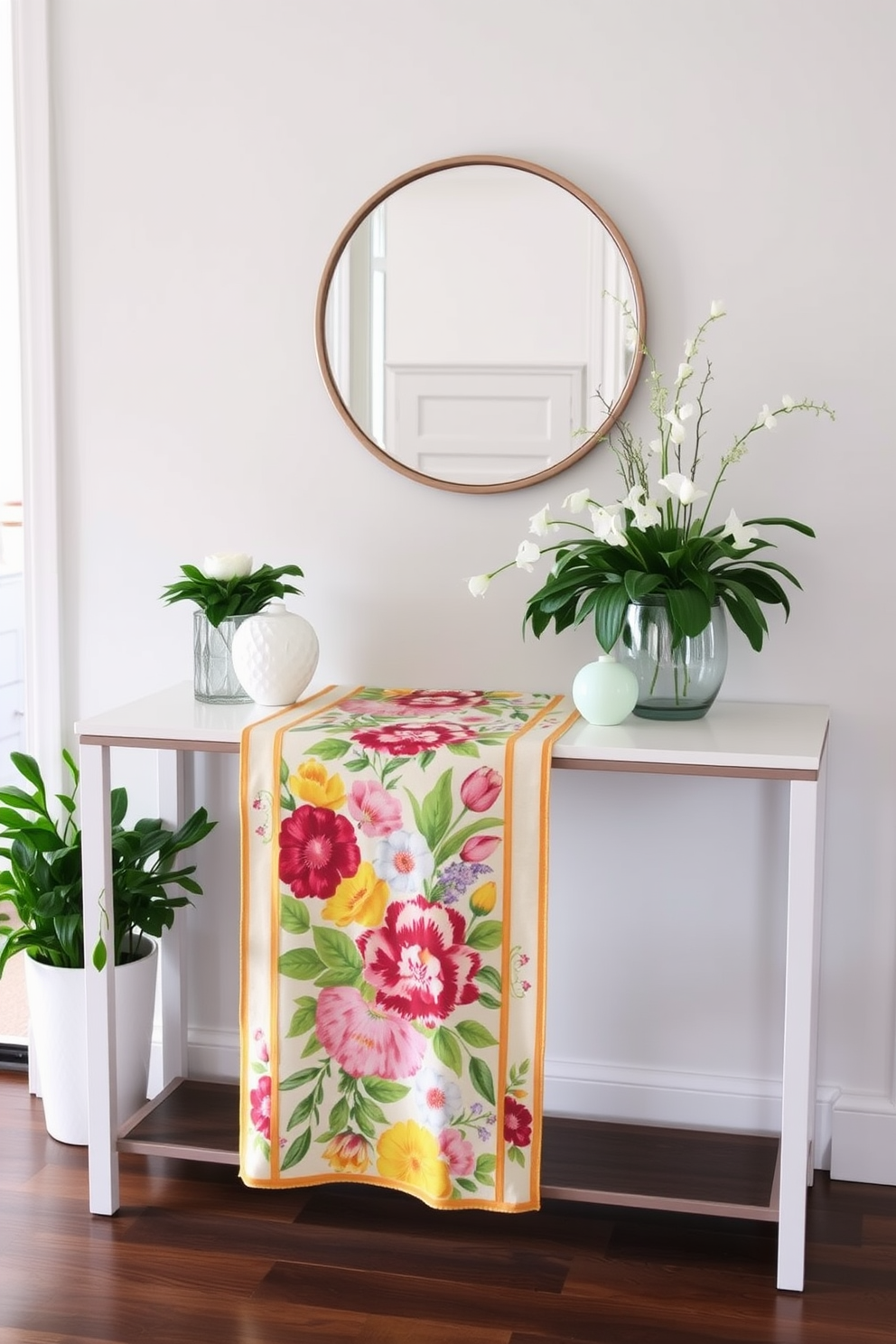 A seasonal table runner drapes elegantly over a sleek console table, adorned with vibrant floral patterns that embody the essence of spring. Fresh greenery and pastel-colored accents complement the runner, creating a welcoming atmosphere in the hallway.