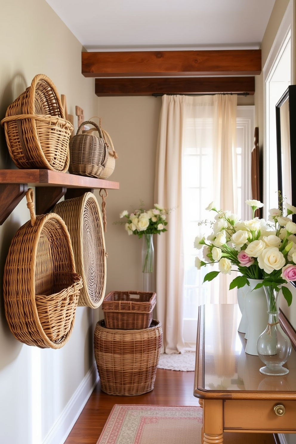 Vintage baskets are arranged along a rustic wooden shelf in a charming hallway. Each basket varies in size and texture, adding character and warmth to the space while providing functional storage. The hallway is adorned with fresh spring decor, featuring pastel-colored flowers in elegant vases on the console table. Soft natural light filters through sheer curtains, creating a welcoming atmosphere that celebrates the beauty of the season.