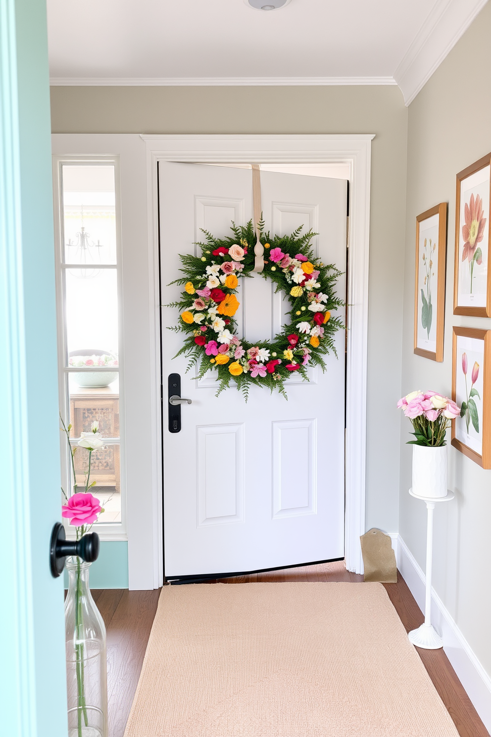 A vibrant seasonal wreath made of fresh flowers and greenery adorns the front door, welcoming guests with a burst of color. The hallway is decorated with pastel-colored accents, featuring a soft rug and framed botanical prints that evoke the essence of spring.