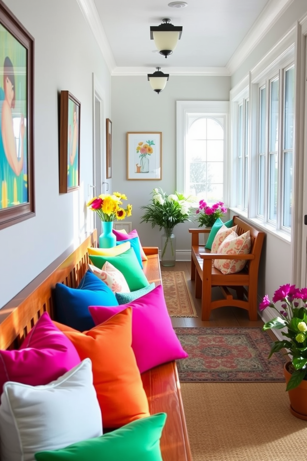 Brightly colored throw pillows are arranged on wooden benches lining a sunlit hallway. The walls are adorned with cheerful artwork, and fresh flowers in vibrant vases add a lively touch to the space. Spring hallway decorating ideas include layering textures with soft rugs and incorporating greenery through potted plants. Natural light floods the area, enhancing the bright colors and creating an inviting atmosphere.