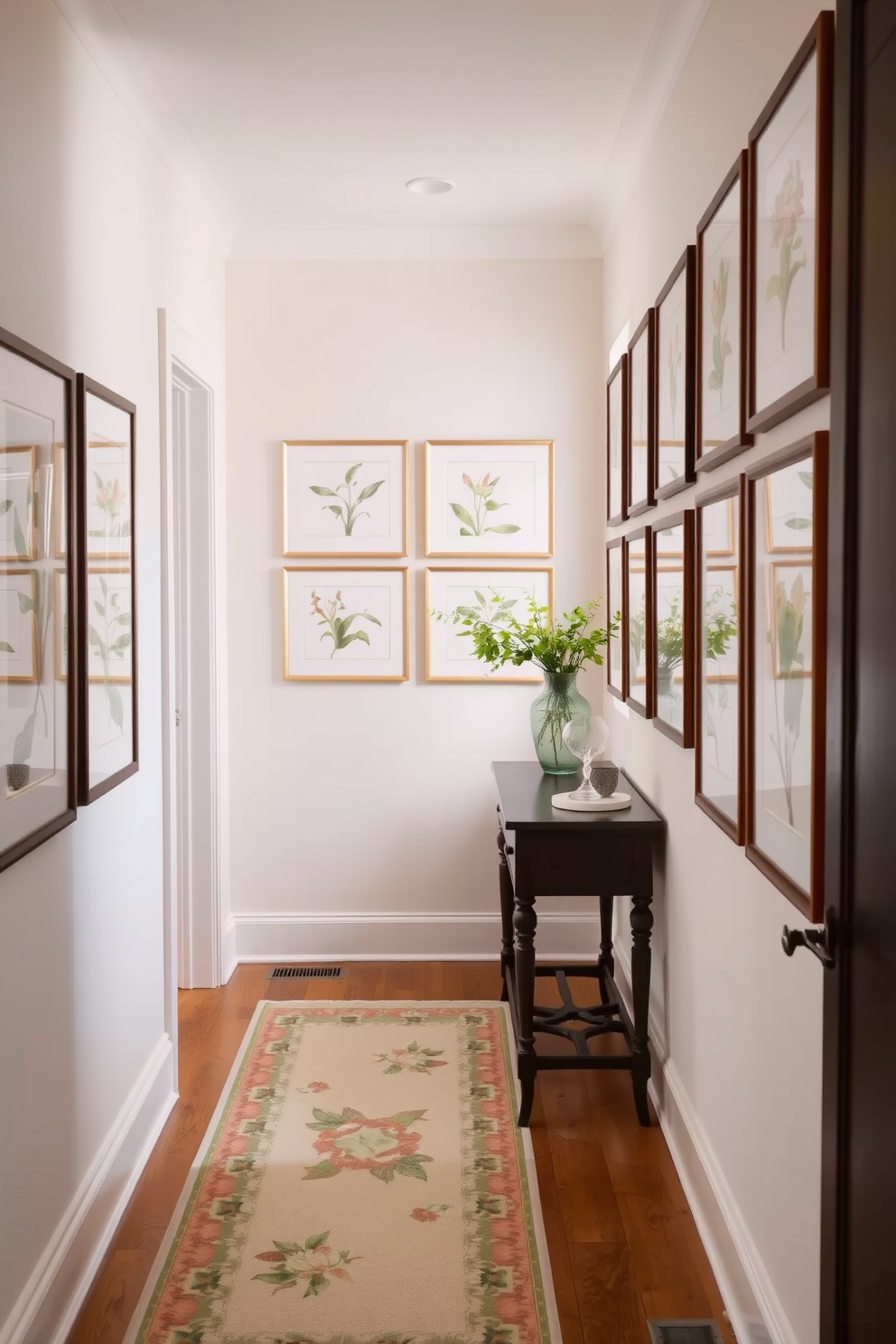 A bright and airy hallway adorned with lightweight curtains in sheer fabrics that gently filter the sunlight. The walls are painted in a soft pastel hue, and a stylish console table is placed against one side, decorated with fresh flowers and a few decorative books.